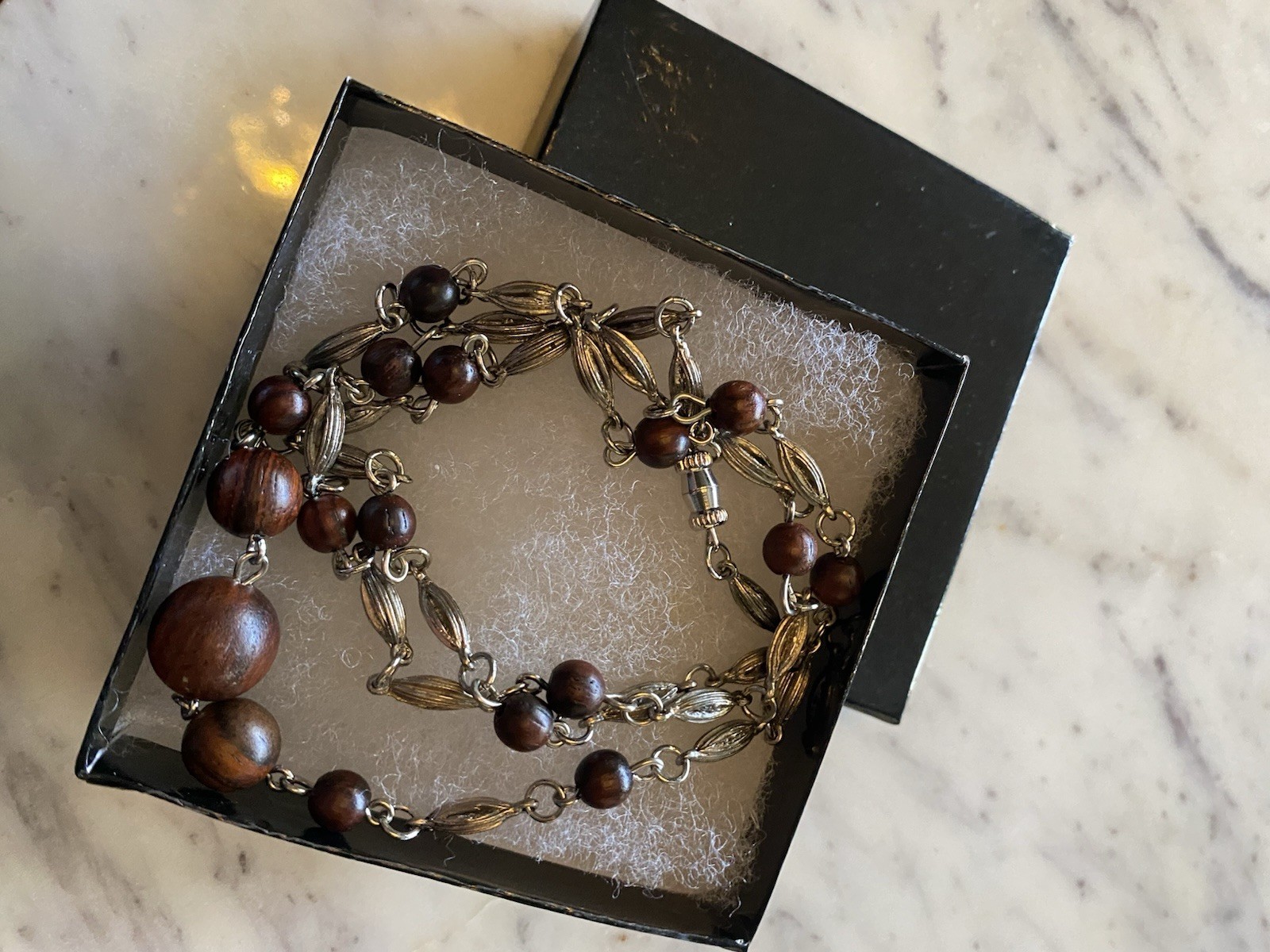 Vintage Brown Wood Bead & Silver Link Chain Necklace, Metal, No Stone, 15 in