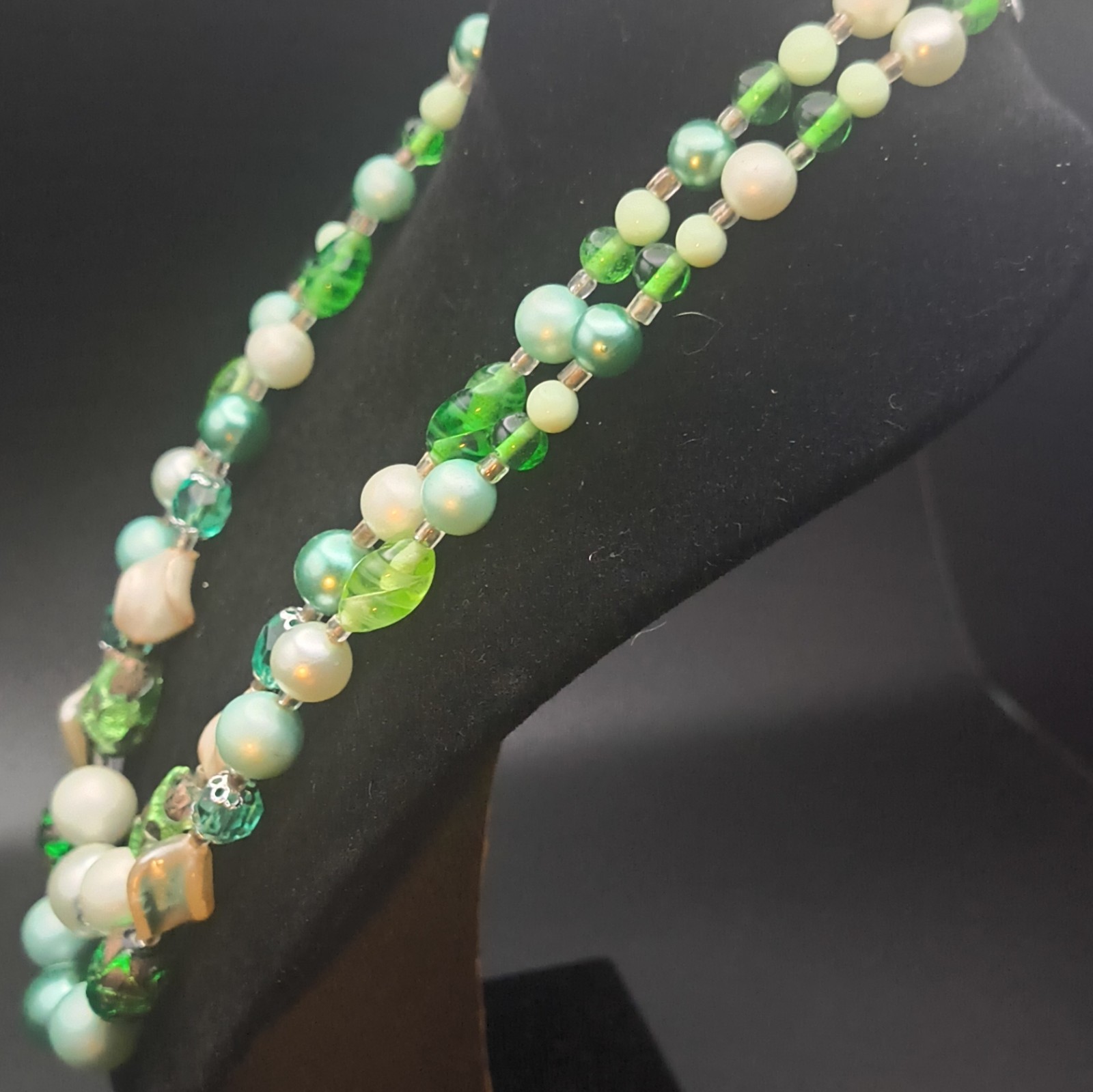 Layered Beaded Marked Japan Statement Necklace Green Glass Bead Round Pearl Hook