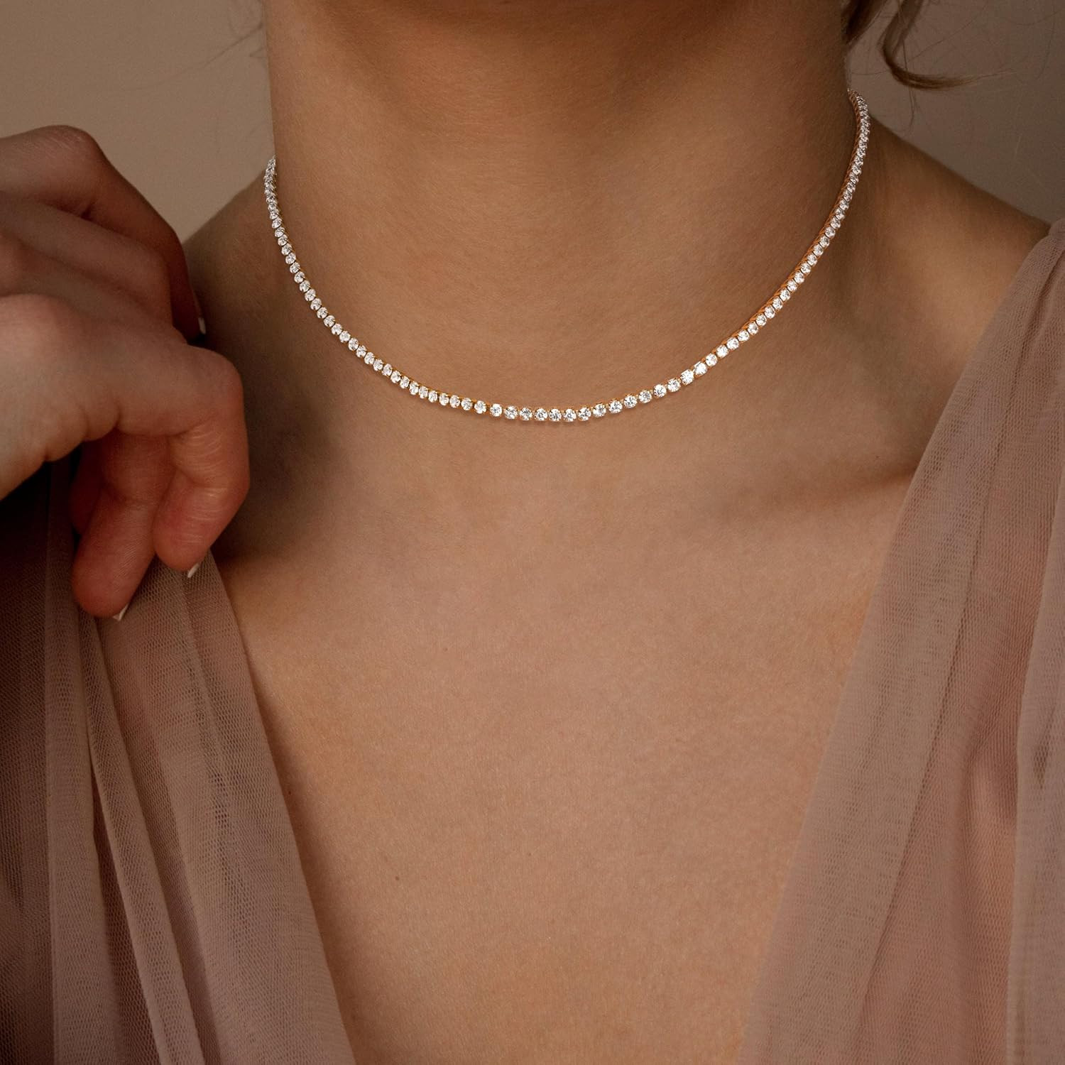 14K Gold Tennis Necklace Women’s CZ Sterling Silver Dainty Rhinestone Chain Gift
