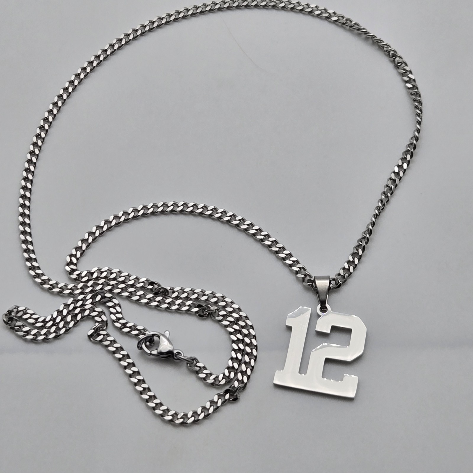 #12 BASEBALL FOOTBALL NUMBER Pendant Charm / 20″-24″ STAINLESS CHAIN NECKLACE