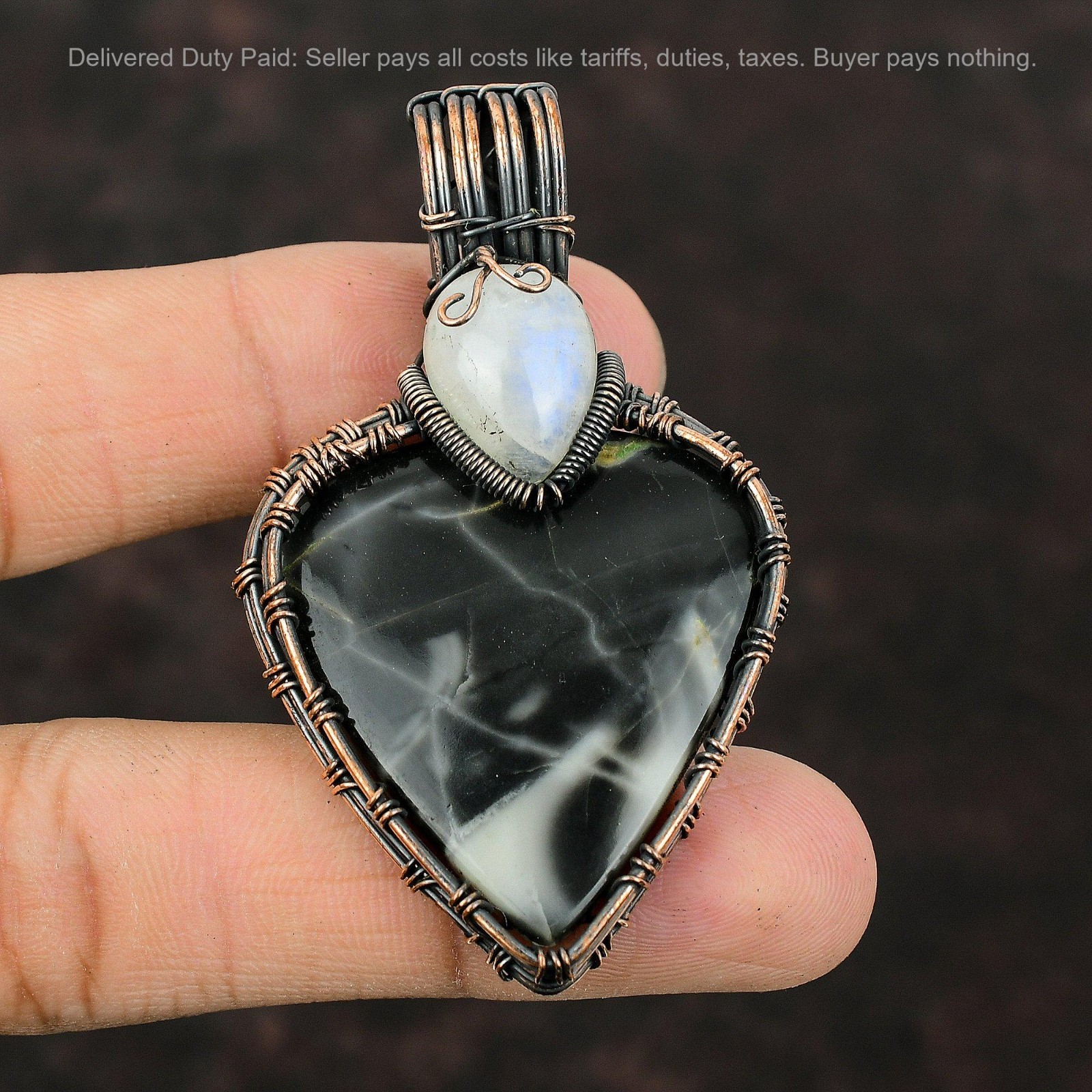 Trillion Picasso Jasper Gemstone Rainbow Moonstone Wire Wrapped Pendant Copper