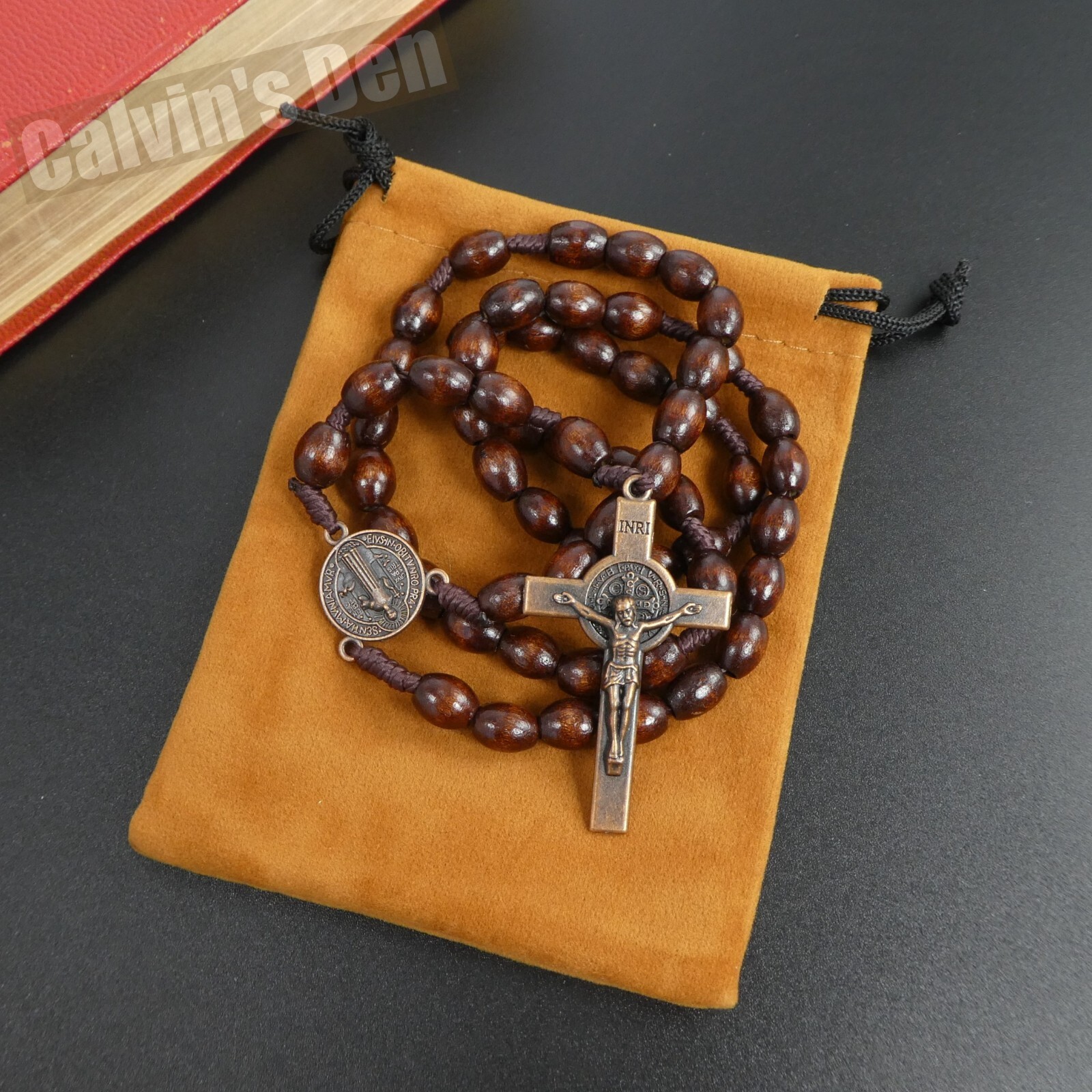 Coffee Brown Oval Wood Bead Antique Brass Crucifix Rosary Necklace Five Decade