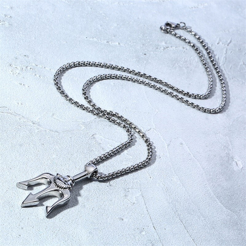 Silver Punk Trident Three-pronged Spear Pendant Necklace Chain Biker Jewelry Men