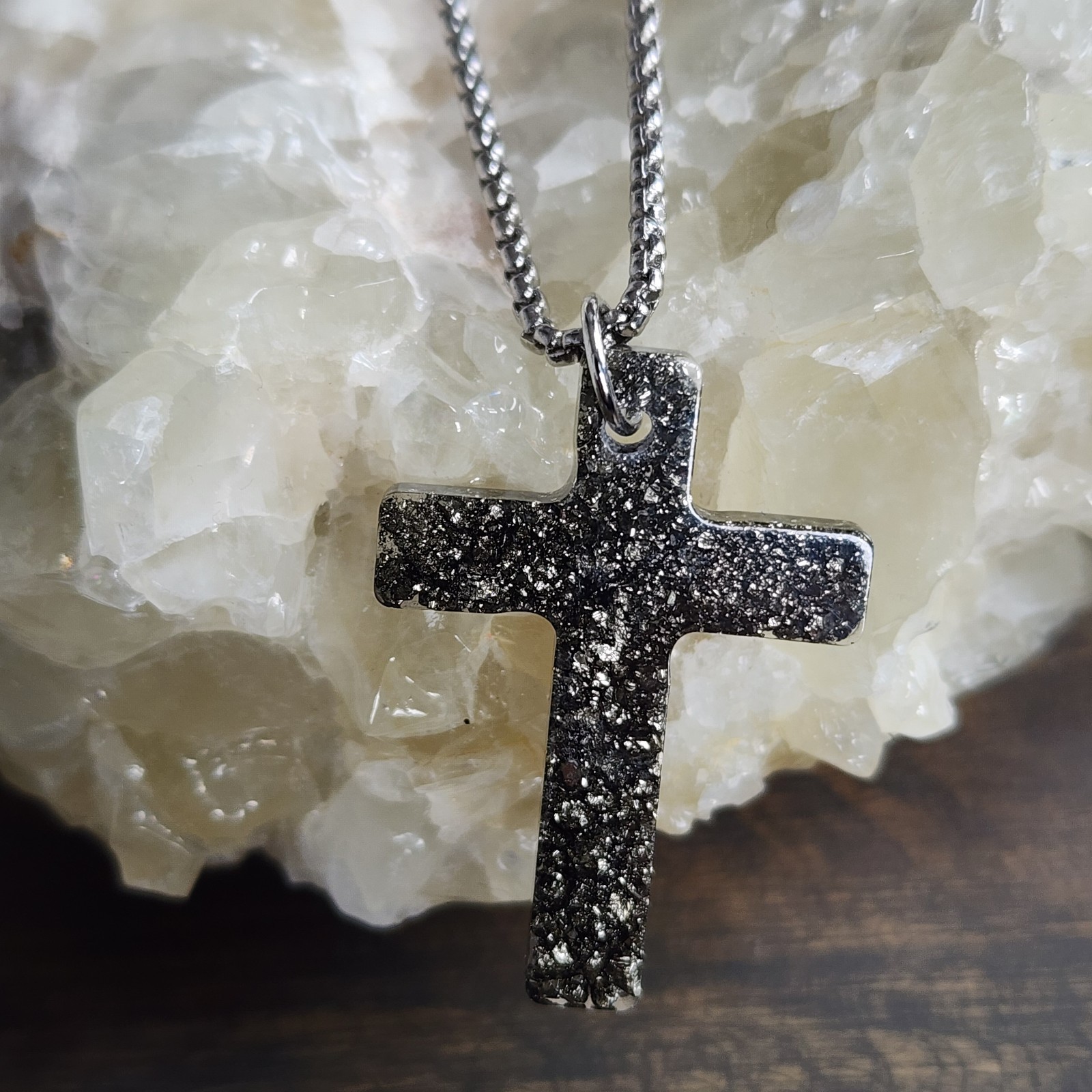 Handmade Pyrite Cross Pendant Necklace Resin Cross 50cm Stainless Steel Chain