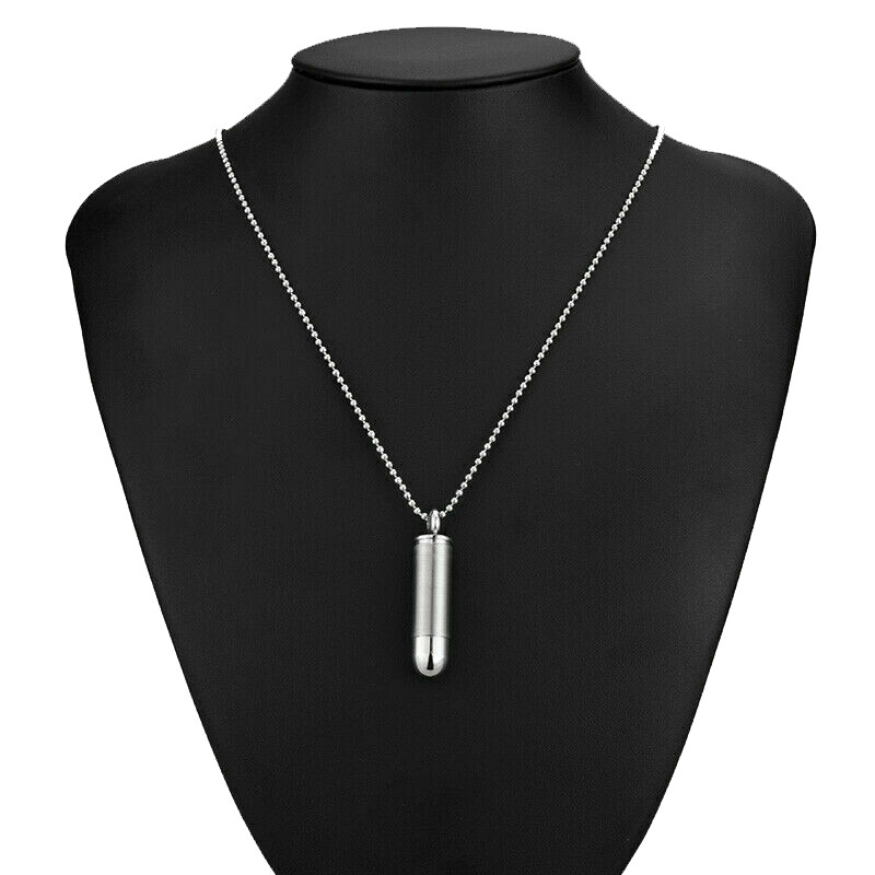 Mens Stainless Steel Necklace Open Bullet Pendant Pill Case Holder Male Jewelry