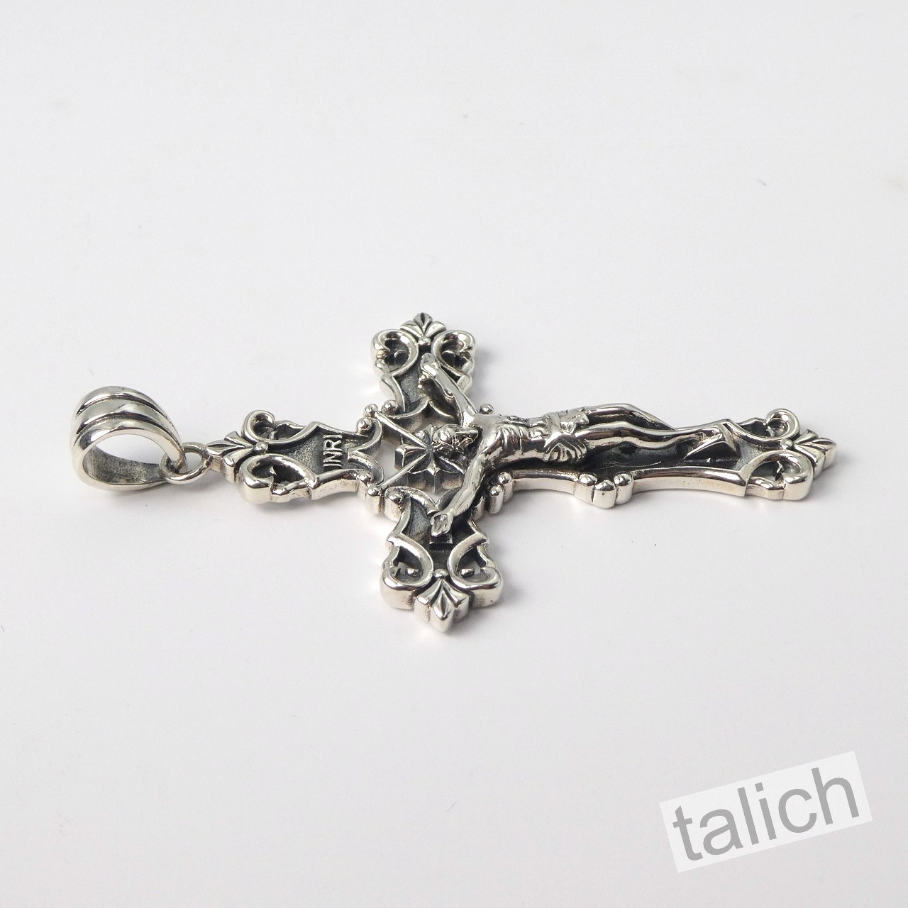 Solid 925 Sterling Silver Ornate Floral Scroll Crucified Jesus Cross Pendant