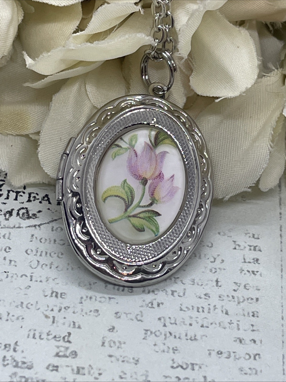 Pink Frosted Tulip Silver Photo Locket Necklace Bridal Gift Mom Wife Anniversary