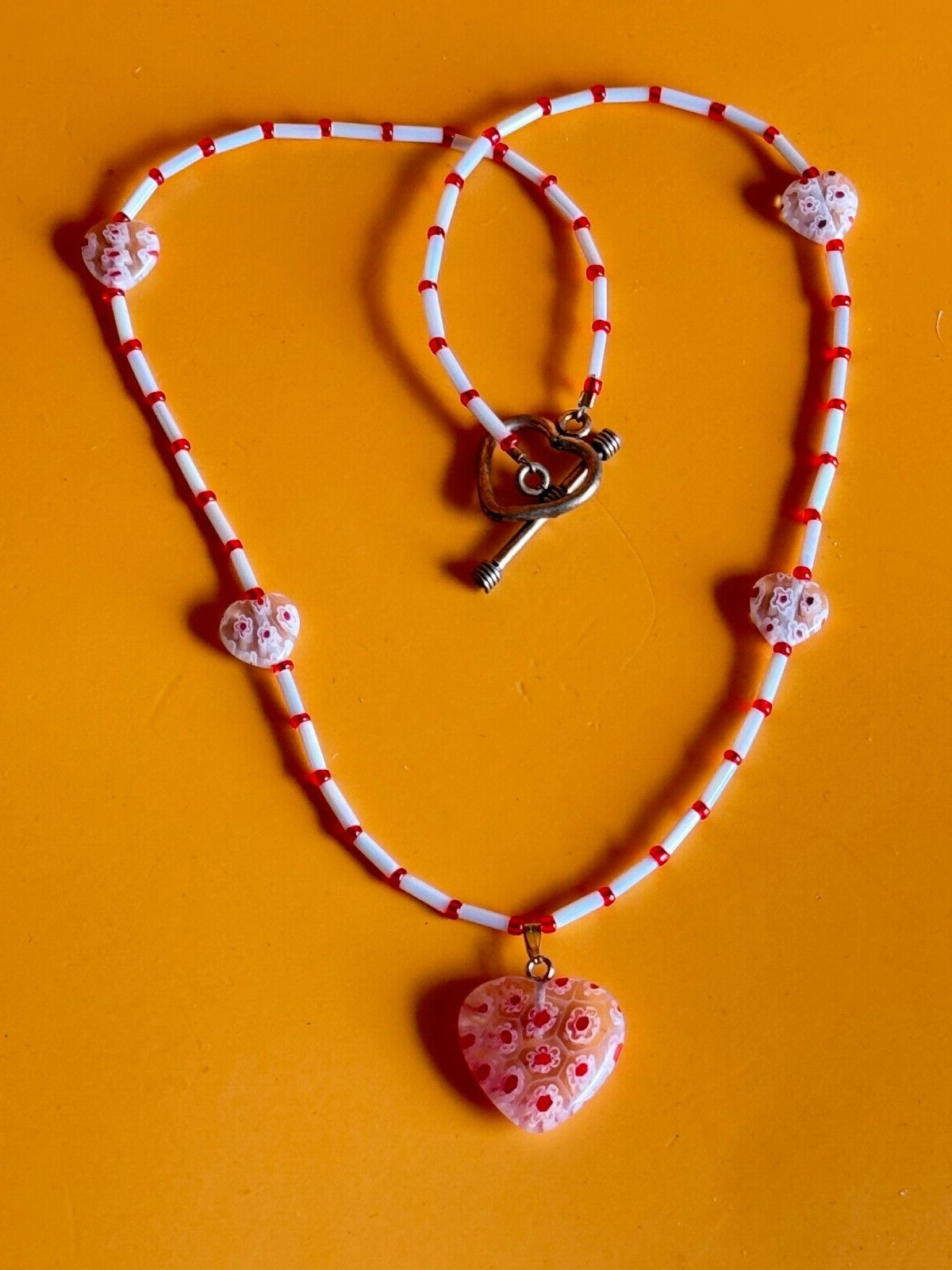 Valentine Heart Glass Beaded Red White Artisan Lots of Hearts Necklace 17″