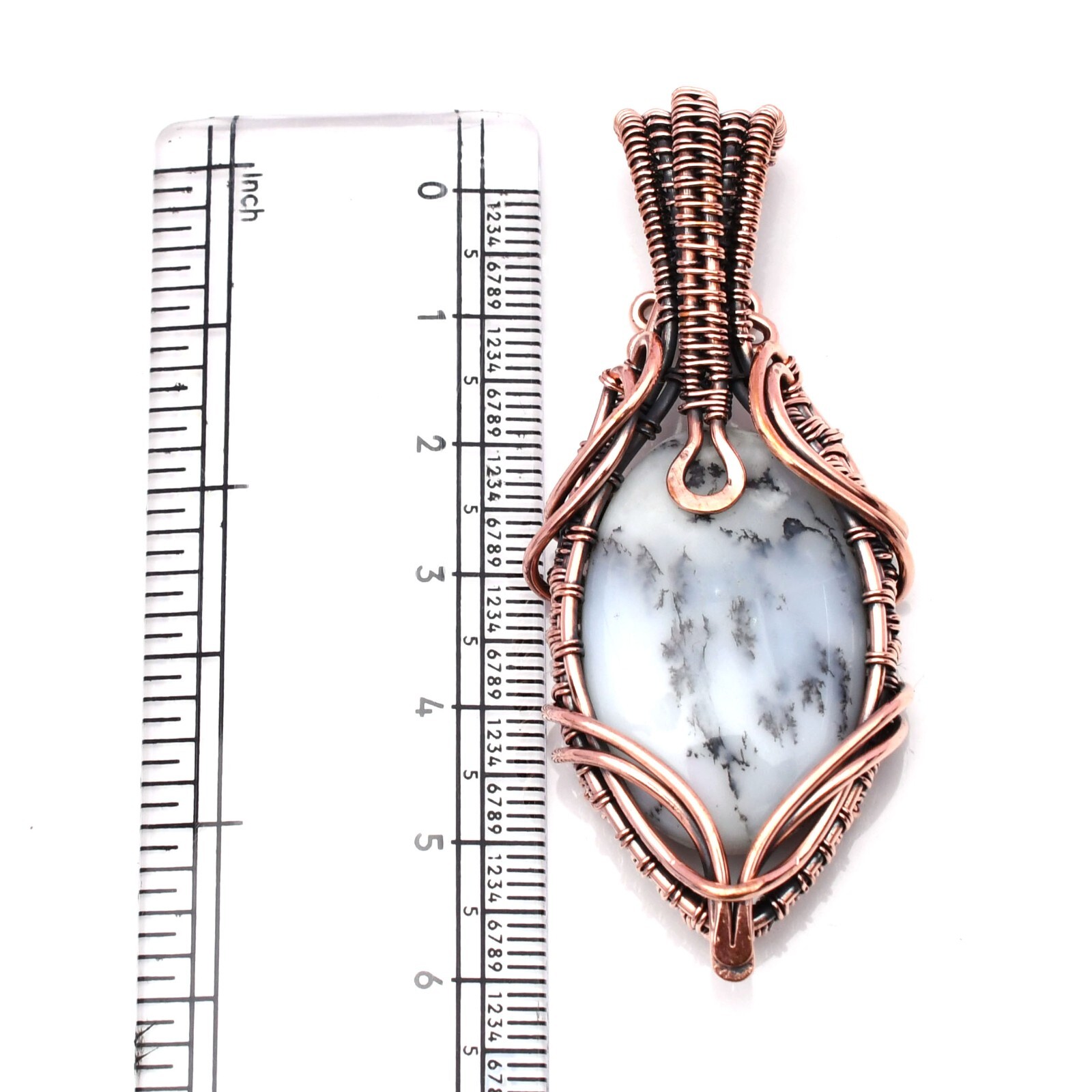 Dendrite Opal Pendant Copper Wire Wrapped Handmade Jewelry Pendant 2.15″