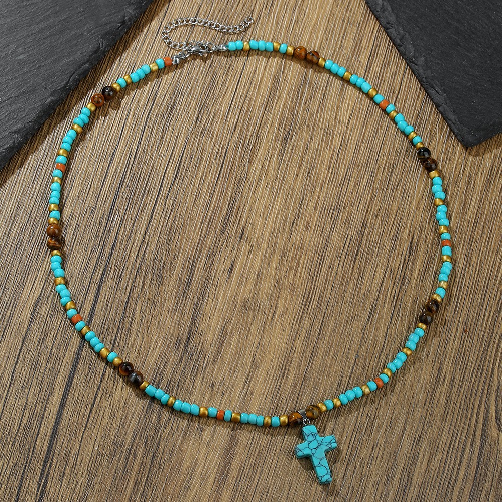 Turquoise Beaded Cross Necklace for Men Handmade Boho Jewelry Adjustable Chain