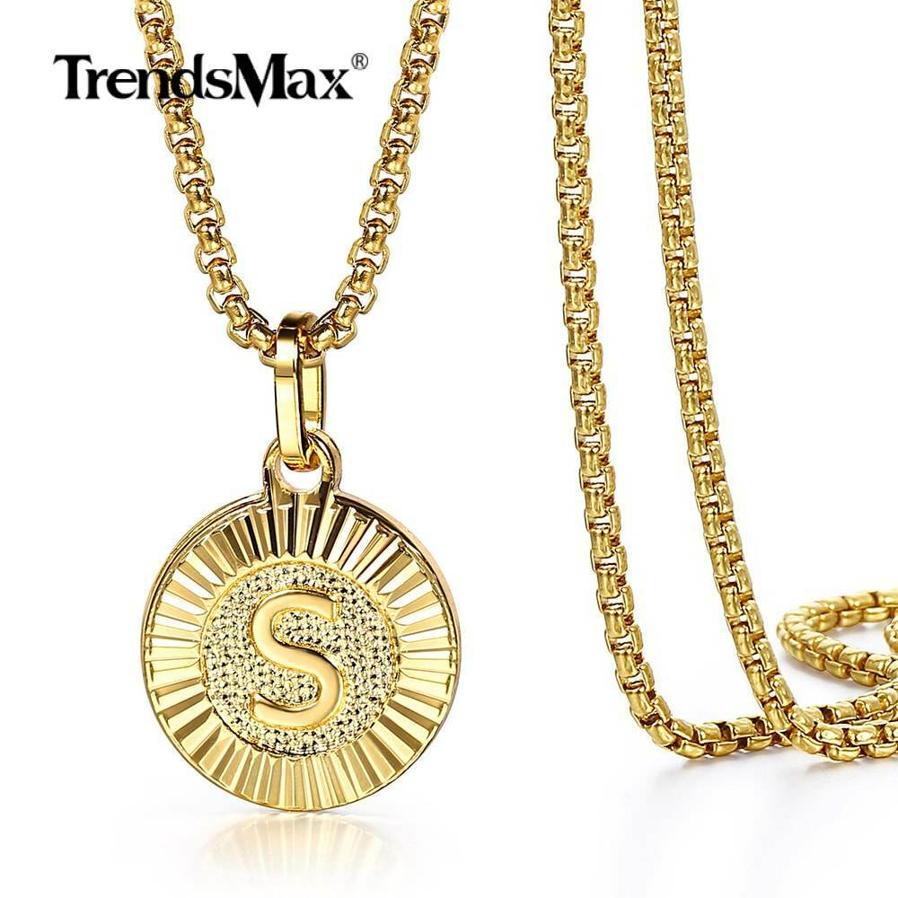 Gold Plated Letters Pendant Necklace Stainless Steel Box/Figaro/Rolo/Curb Chain
