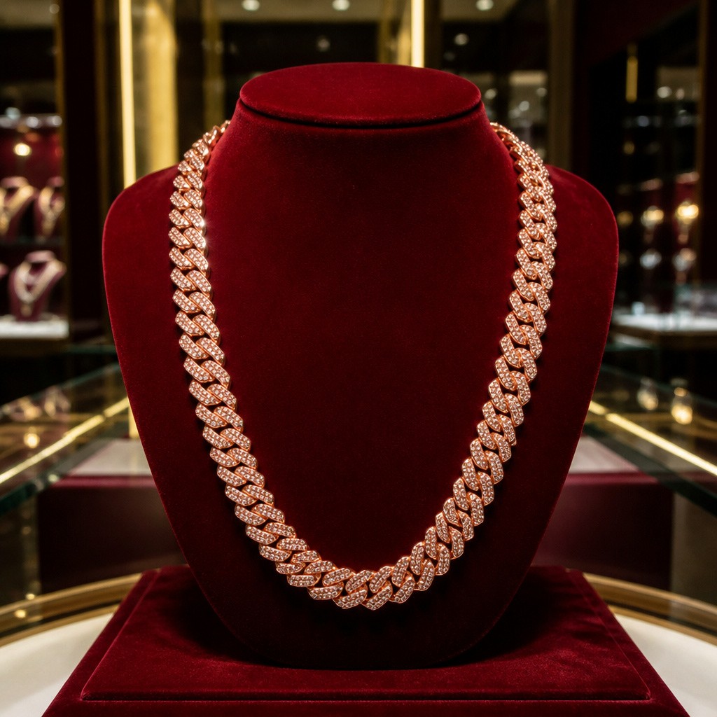 Rose Gold Cuban Link Chain Necklace Pink Crystal Pavé Pre-owned