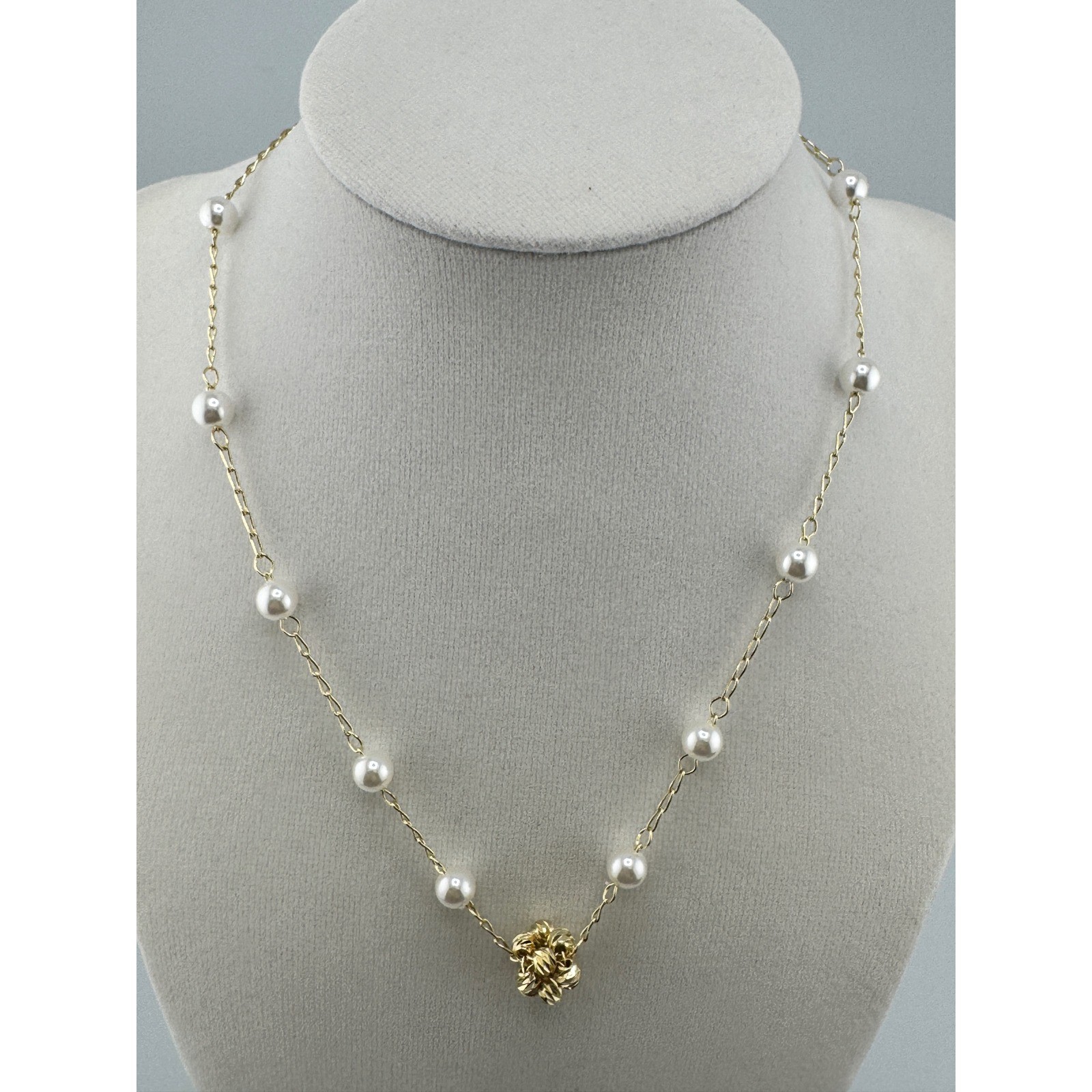 Gold Tone Pearl Station Necklace Textured Knot Floral Pendant Adjustable Chain