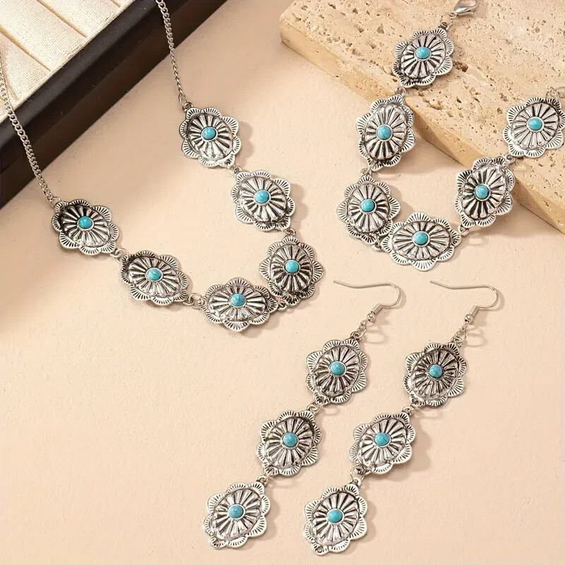 Boho 925 Sterling Silver Gypsy Tibetan Turquoise Earrings Bracelet Necklace Set