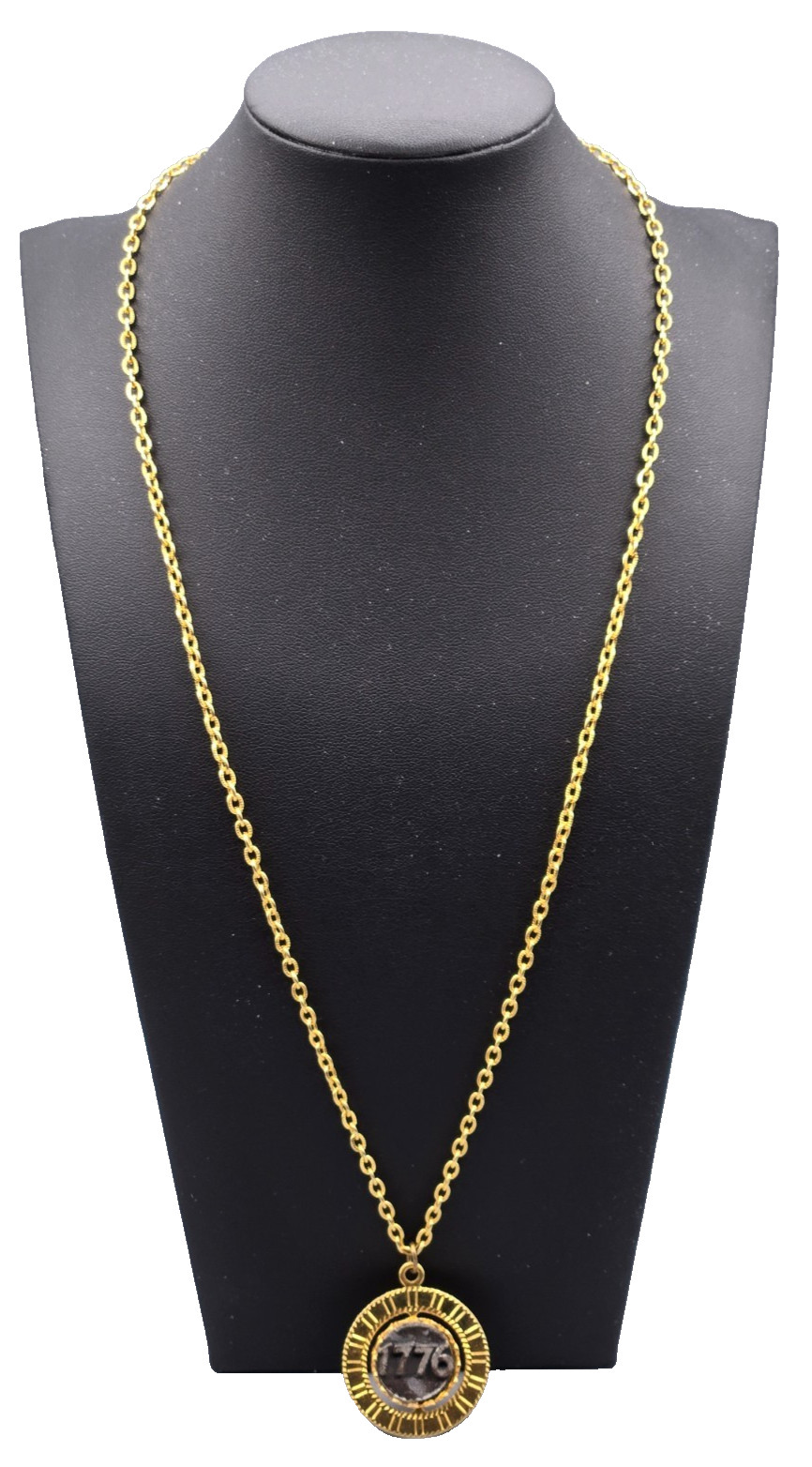 Reversible “1776” and “Liberty Bell” Medallion Pendant Necklace 24″ Gold Tone