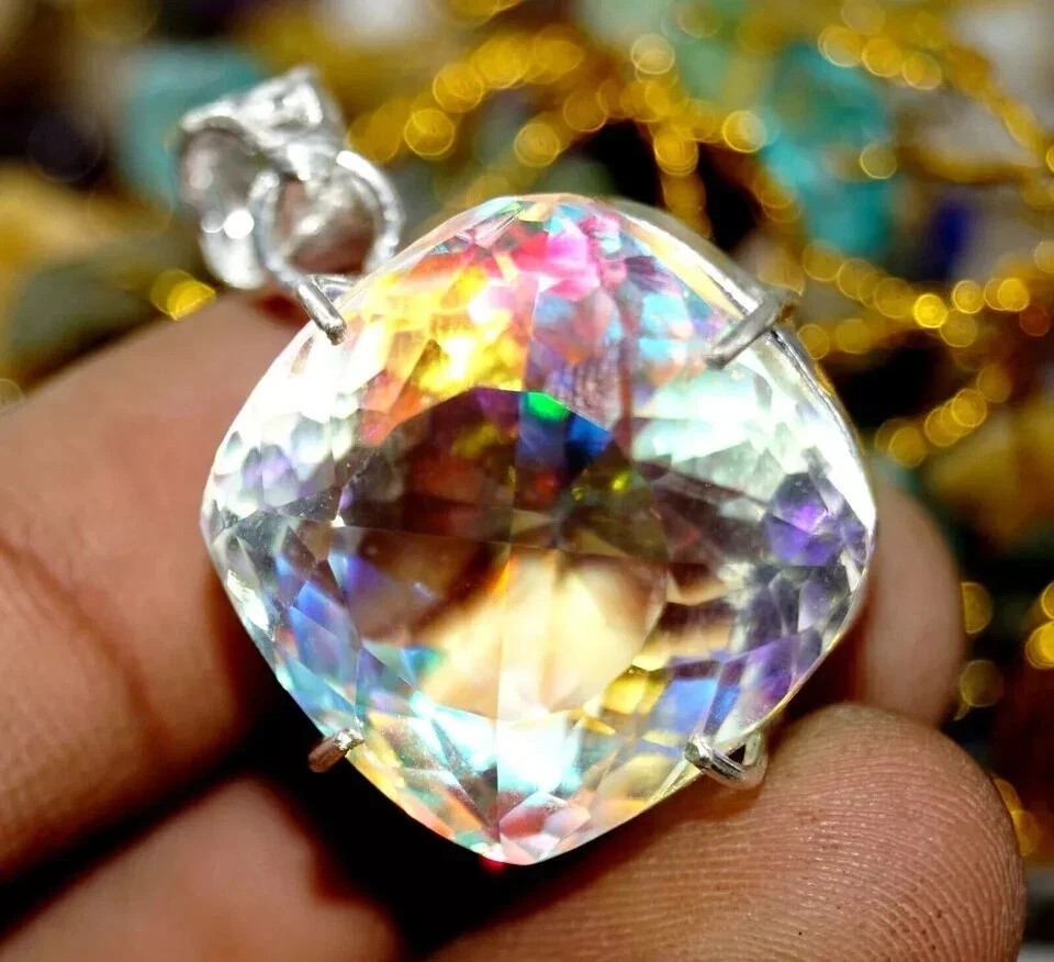 55 CT+ Flawless Rainbow Fire Mystic Topaz Pendant 925 Sterling Silver Plated
