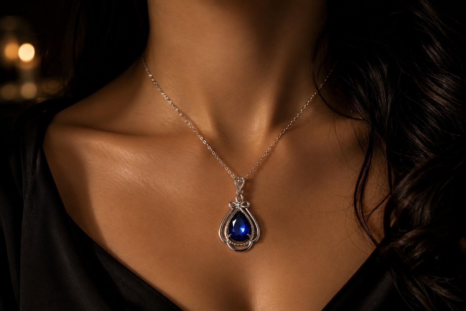 Silver Tone Blue Teardrop Pendant Necklace 18″ Chain Elegant Fashion Jewelry