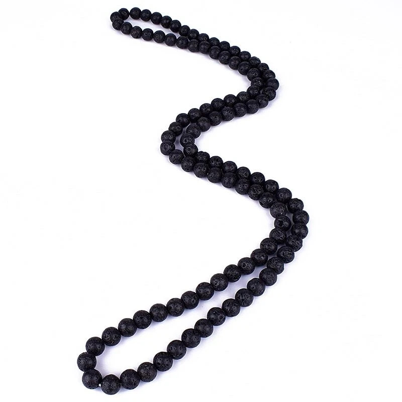 Men Necklace 8mm Black Volcanic Lava Stone Choker Rock Beads Chain Necklace 22”
