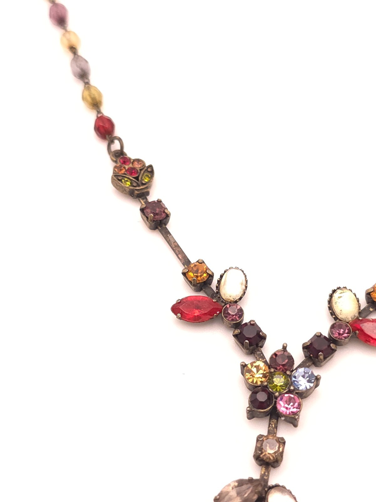 Vintage Multicolor Beaded Y-Drop Necklace Red Teardrop Crystal Floral Drop