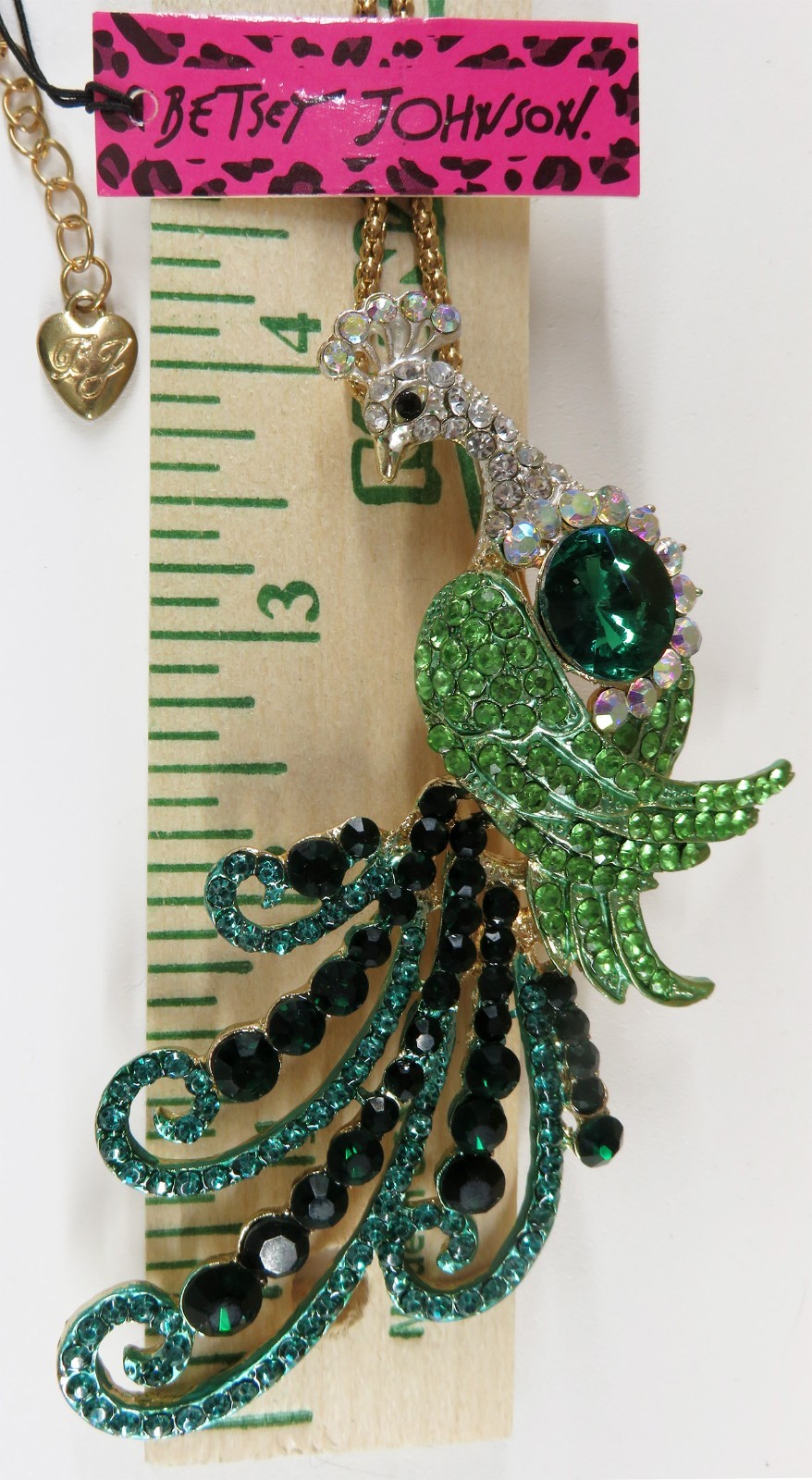 NWT-Betsey Johnson Multi-Color Crystal Peacock Pendant Brooch Goldtone Necklace