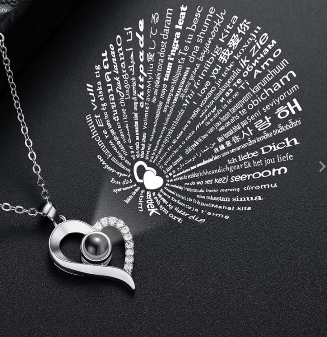 I LOVE YOU in 100 languages Heart Pendant Necklace Valentines Day Silver tone