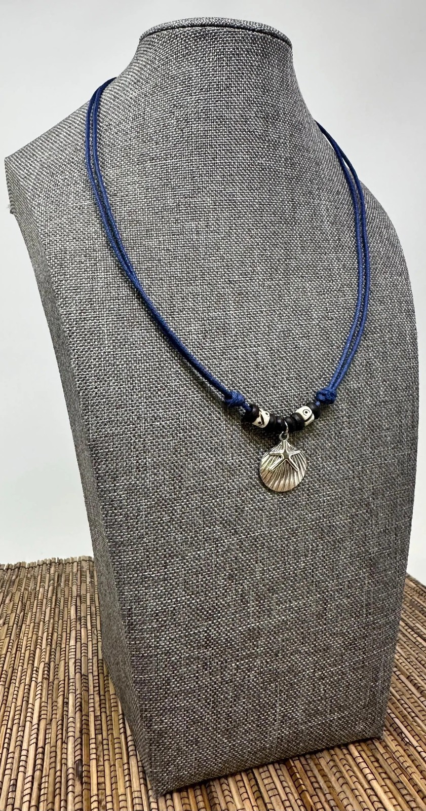 Seashell & Starfish Pendant Necklace | Silver Tone | Navy Blue Cord | Beach