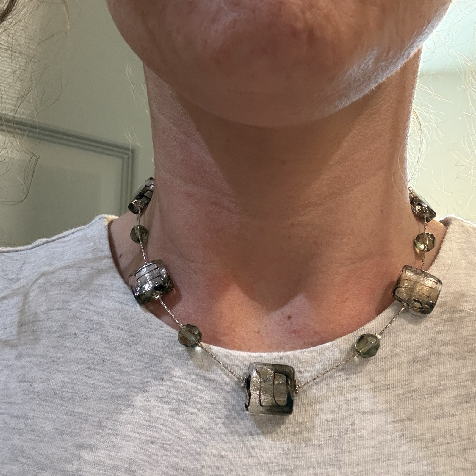 Authentic Y2K Gray, Black And Clear Glass Square Bead Necklace