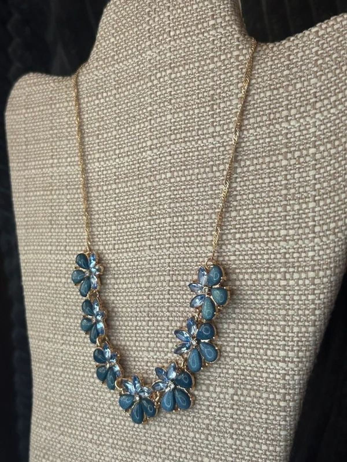 Gold Tone Blue Floral Cluster Statement Necklace Crystal Accents