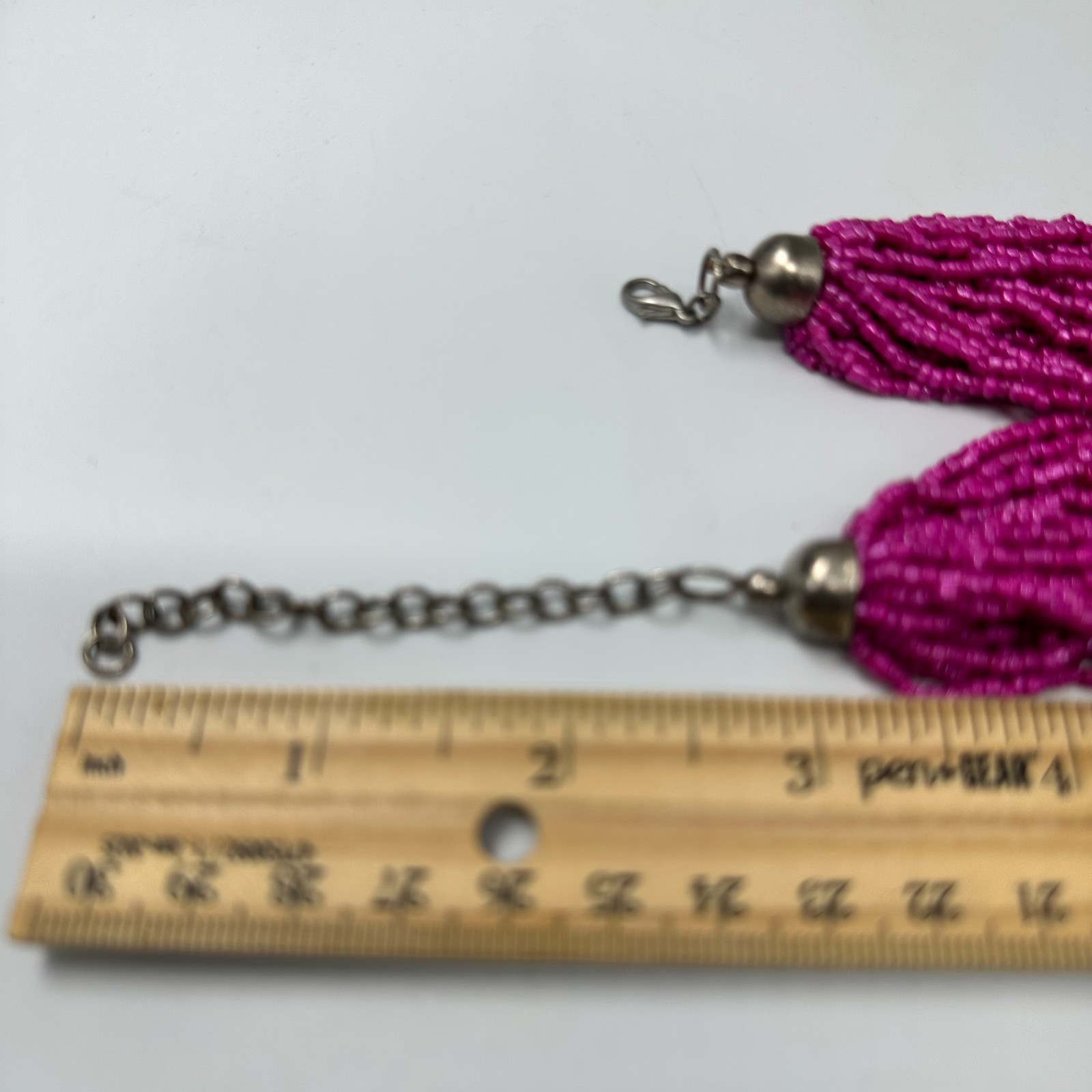 Fuchsia Pink Seed Bead Necklace Silver Tone Multi Strand Boho 14 Inch