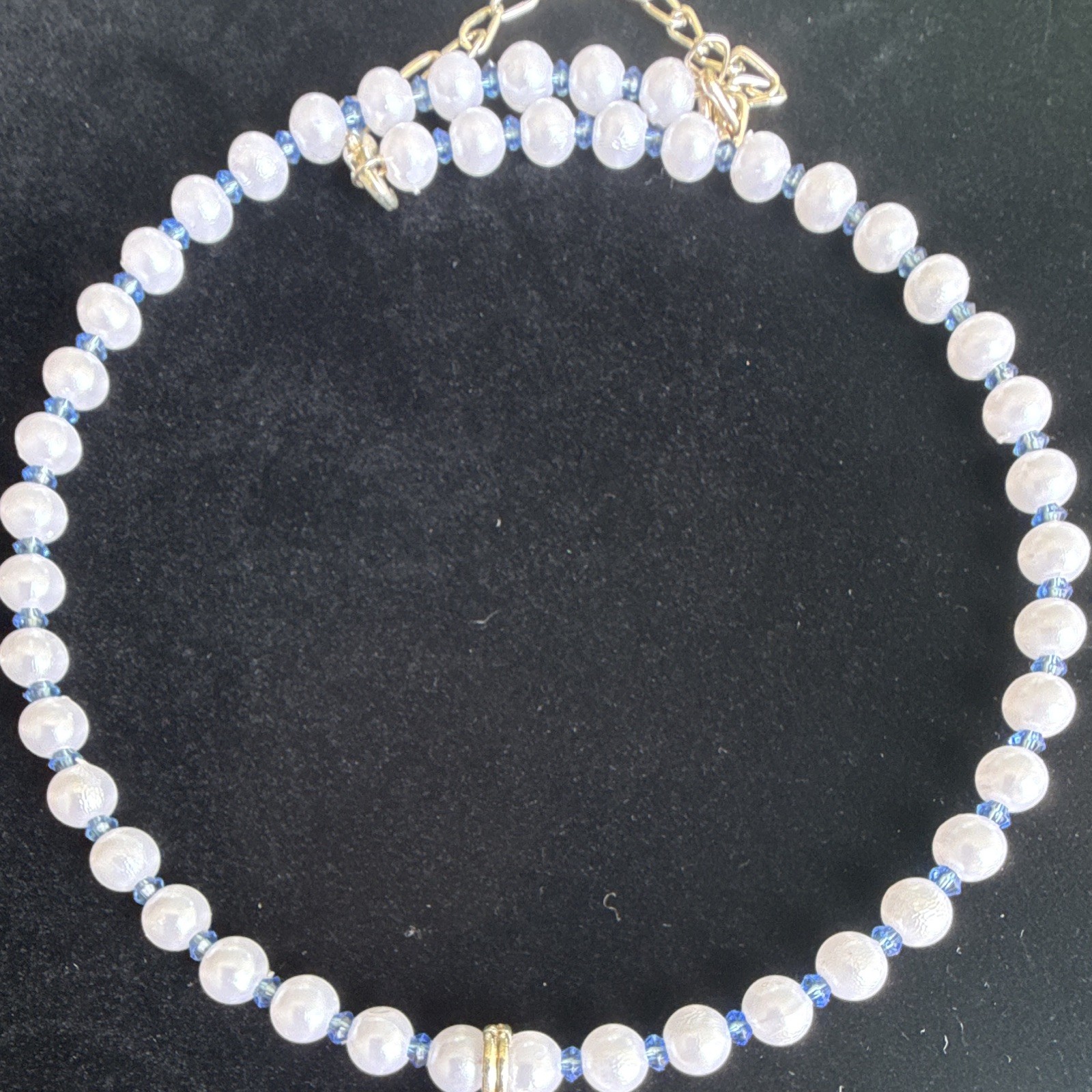 White Beaded Necklace, Adjustable Cable Chain, Gold Tone Blue Teardrop Charm