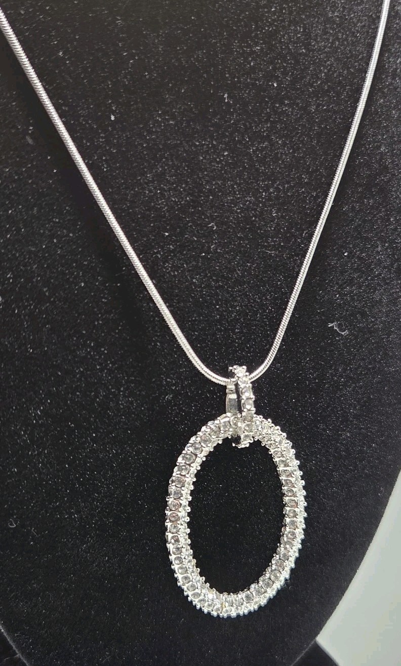 Park Lane? Unmarked Silver Tone Oval Necklace 20″ Clear CZ Cubic Zirconia Pave