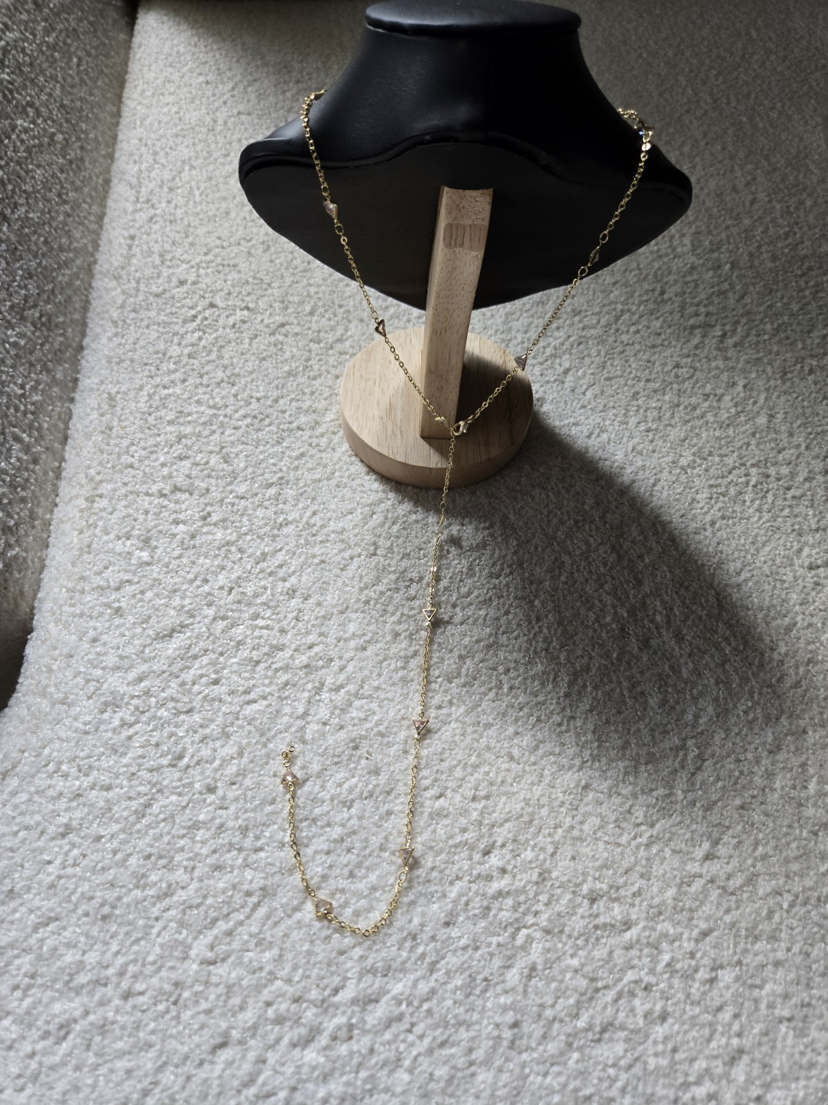 Gold Tone Station Necklace Triangle Bezel CZ 5 Stones Adjustable Cable Chain