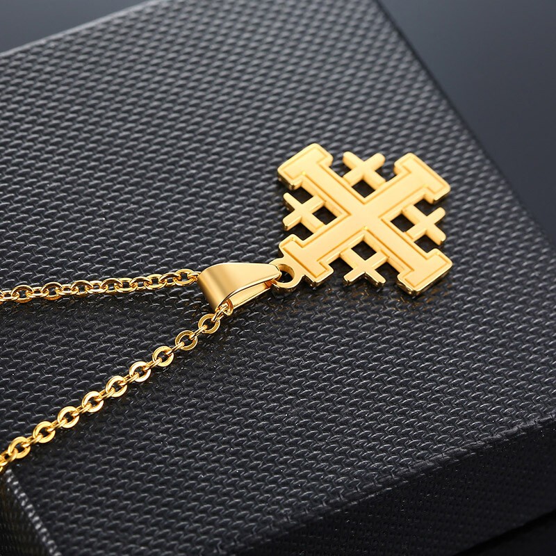 Gold Christianity Jerusalem Cross Pendant Necklace Stainless Steel Chain Classic