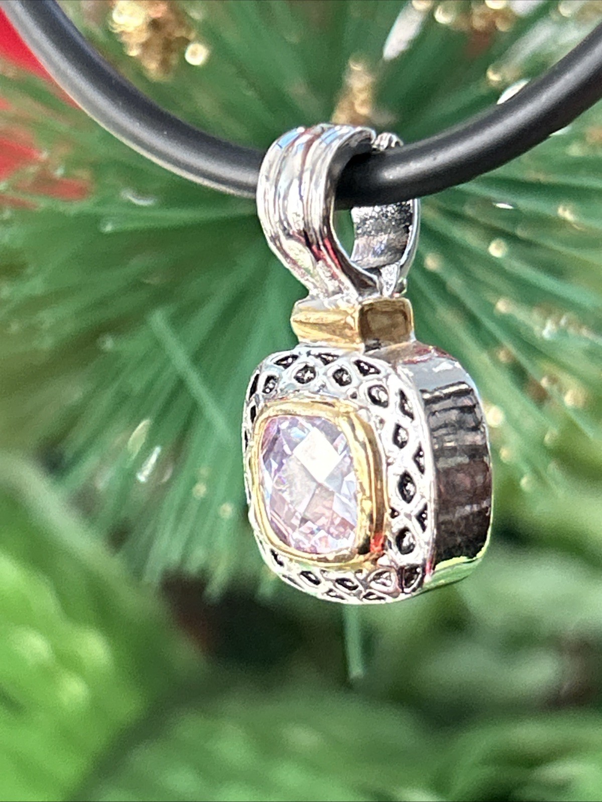 Gold And Silver Tone Square Pink Lab Diamond Pendant Necklace On Black Cord 16”