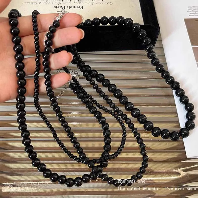 Fashion Punk Smooth Black Round Beads String Necklace for Women Men Unisex