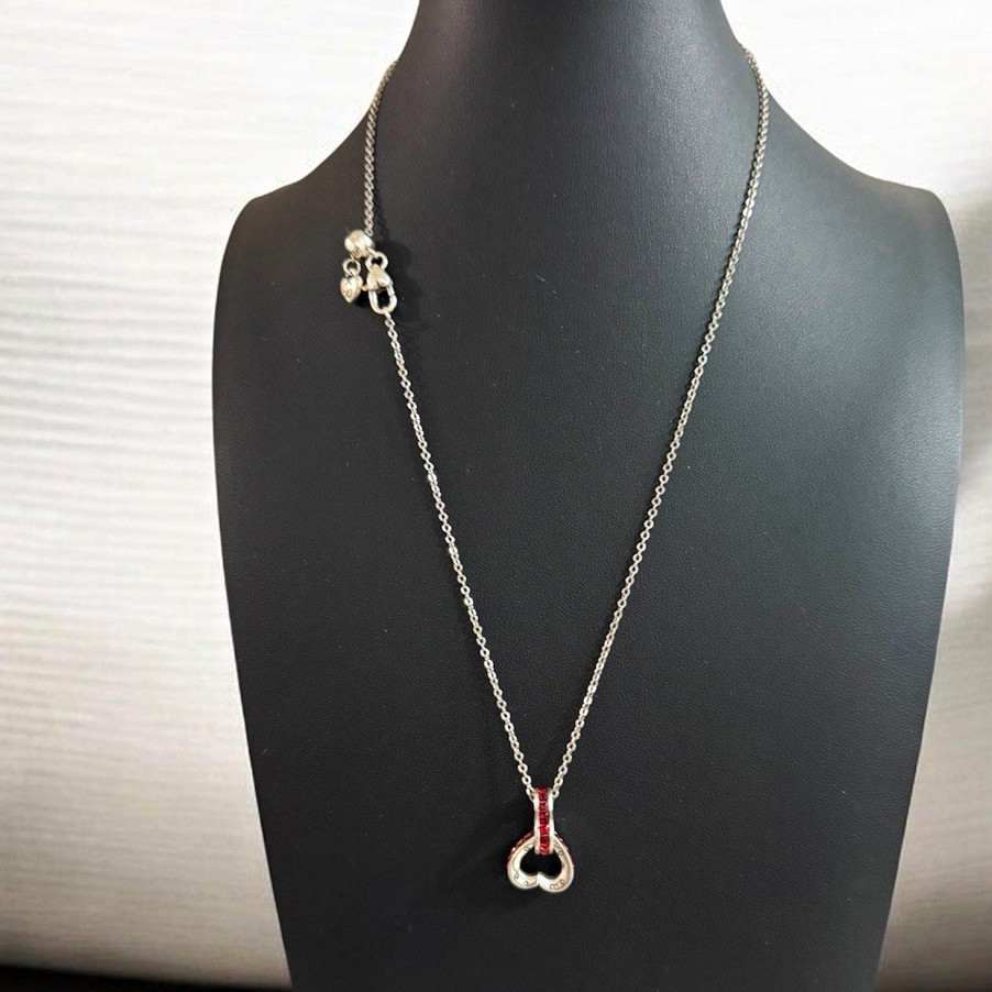 Retired Brighton Silver Plated Interlocking Heart Necklace Red & Clear Crystals