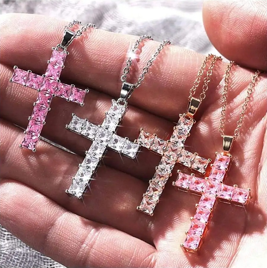 1pc Gold Cross Pendant Necklace – Multicolor Crystal Religious Jewelry for Women