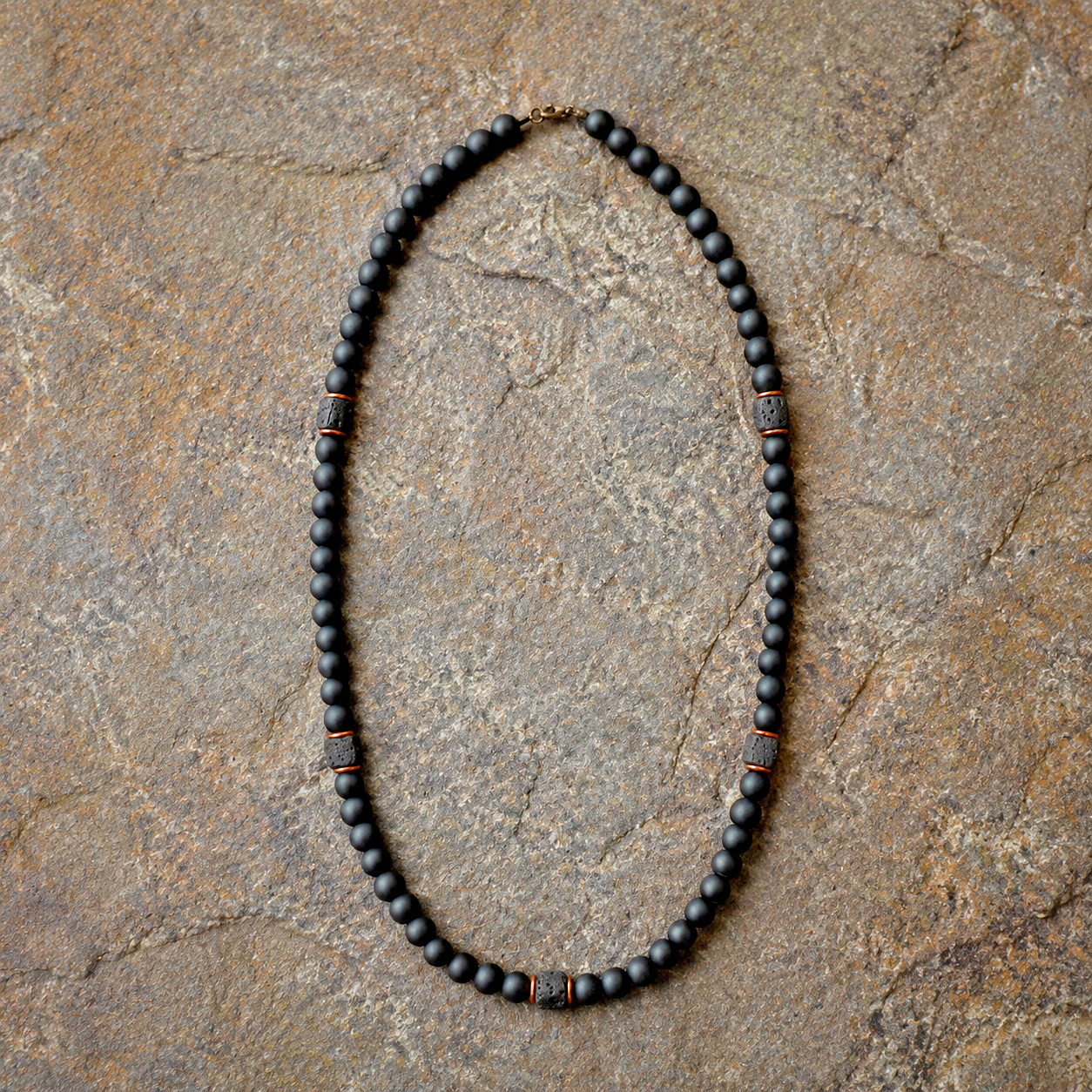 Matte Black Onyx Cube Lava Rock Beaded Necklace Mens Boho Gemstone Jewelry Gift
