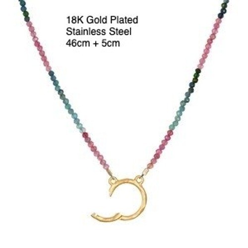 Multicolor Beaded Necklace 18K Gold Plated Stainless Steel Crescent Moon Boho