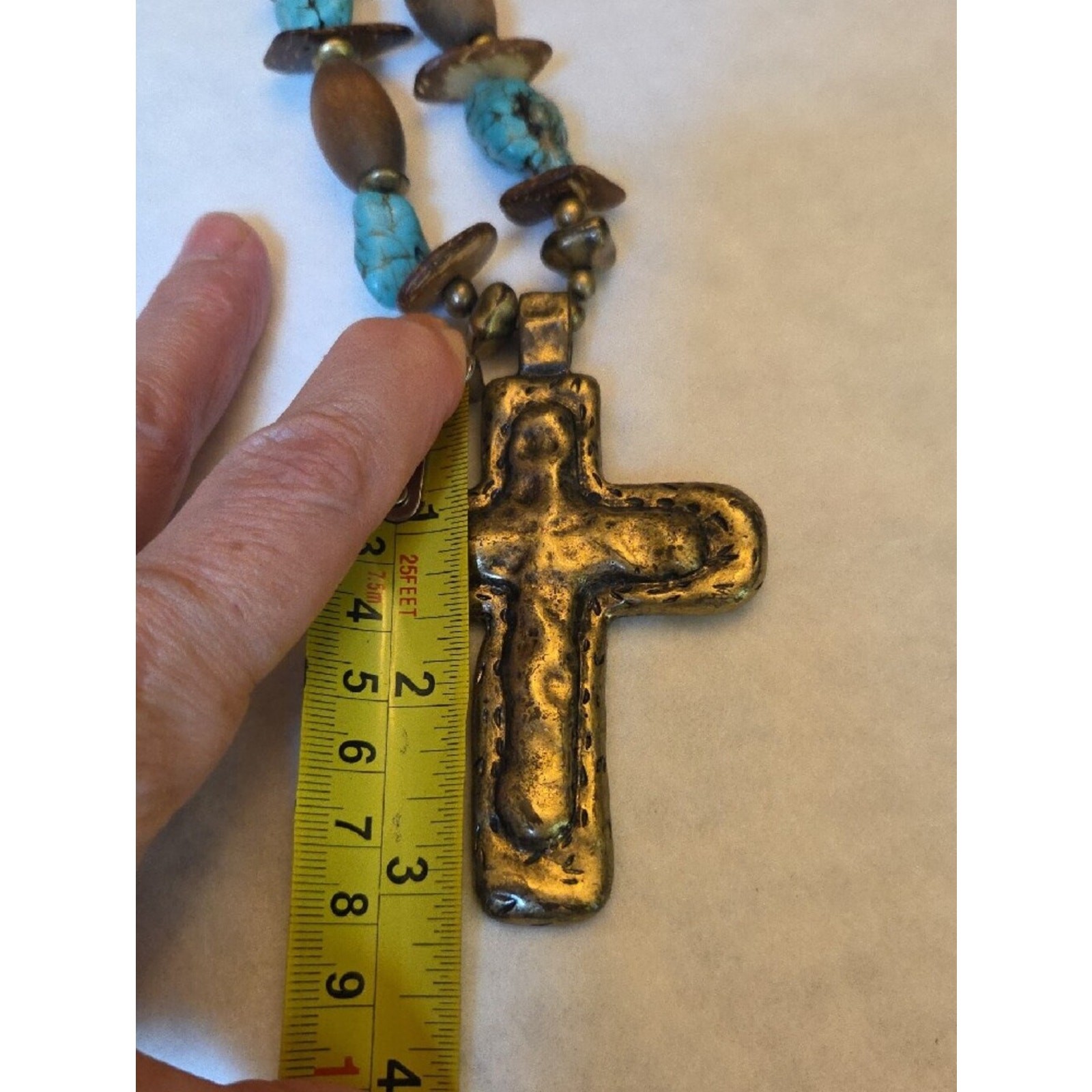 Boho Turquoise & Brass Cross Pendant Necklace