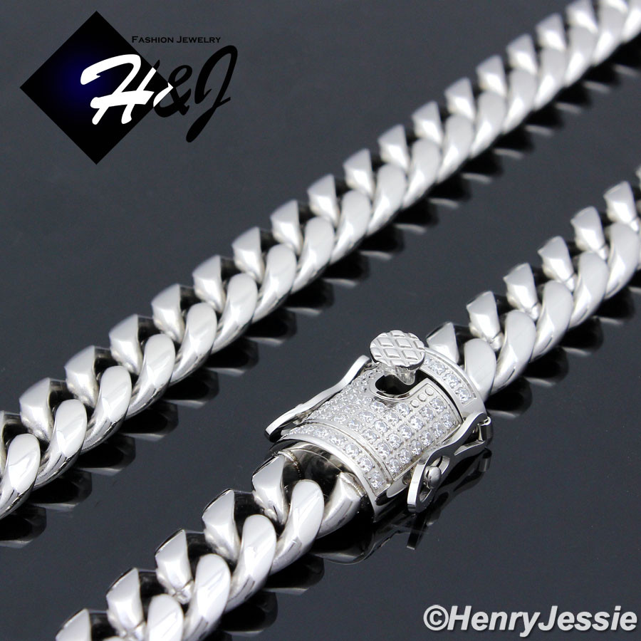 18″-40″MEN Stainless Steel 14mm Silver ICY CZ Miami Cuban Curb Link Necklace*158