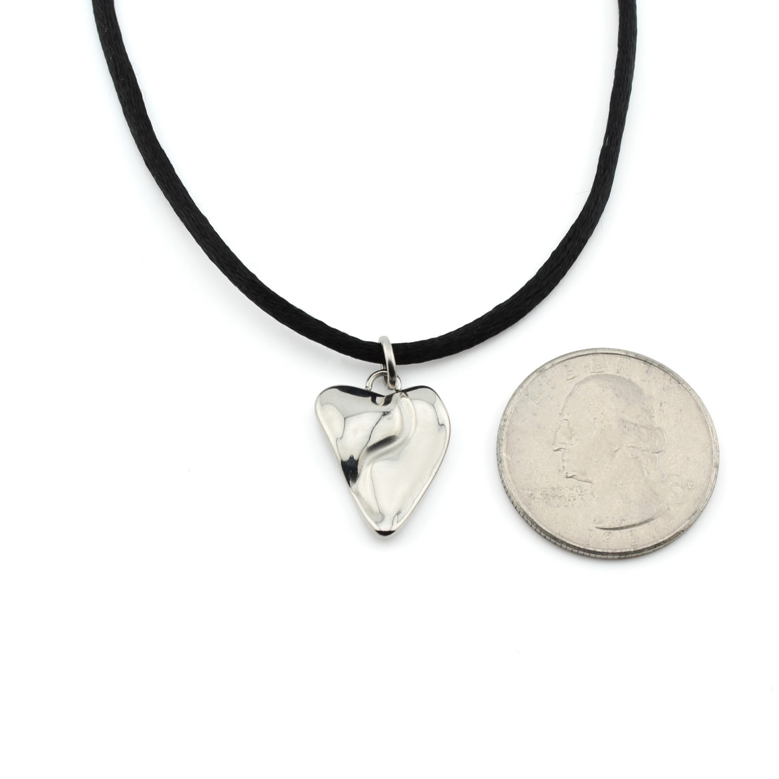 Silver Heart Pendant Necklace Black Satin Silk Cord Stainless Steel Jewelry
