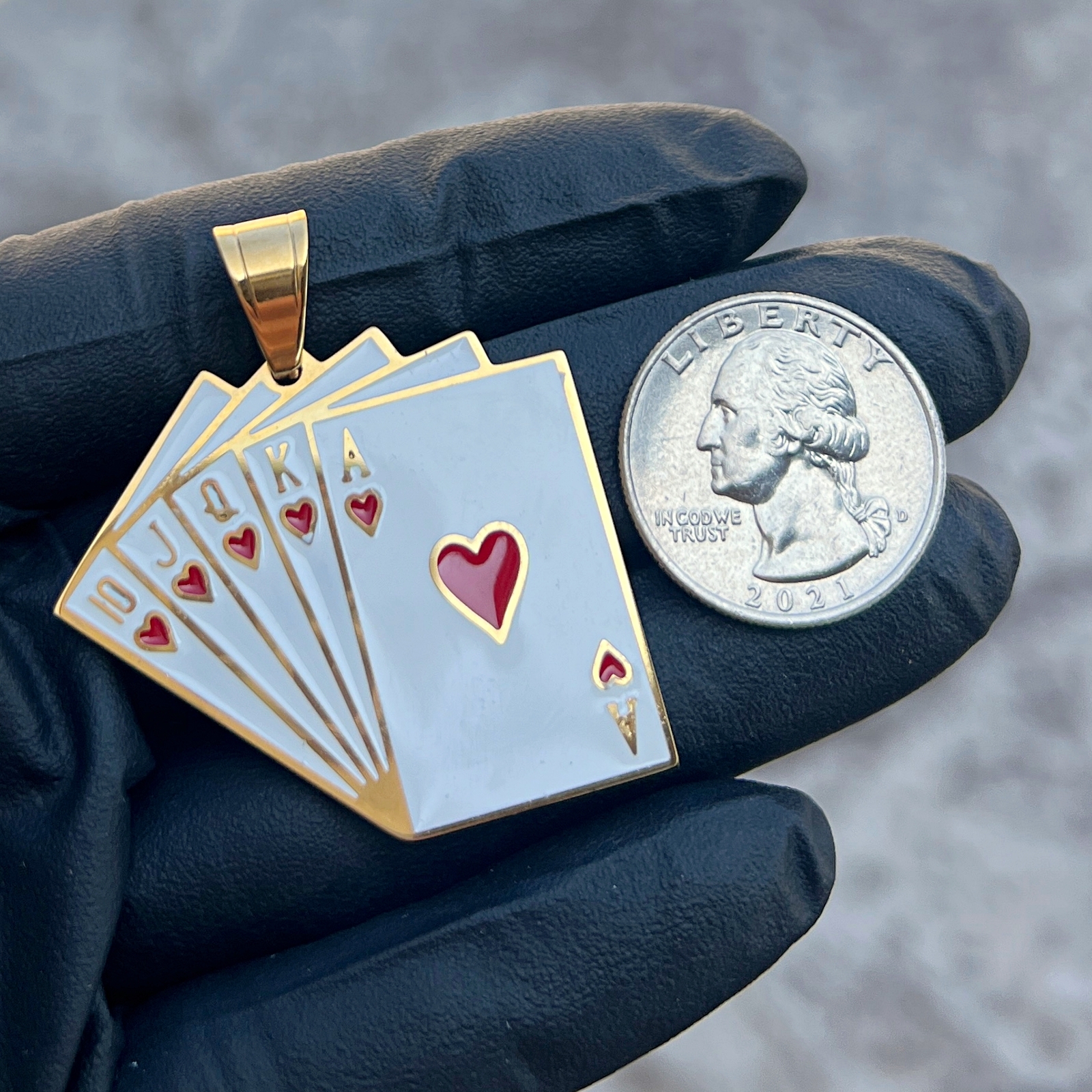 18K Gold Plated Stainless Steel Hearts Royal Flush Poker Playing Cards Pendant
