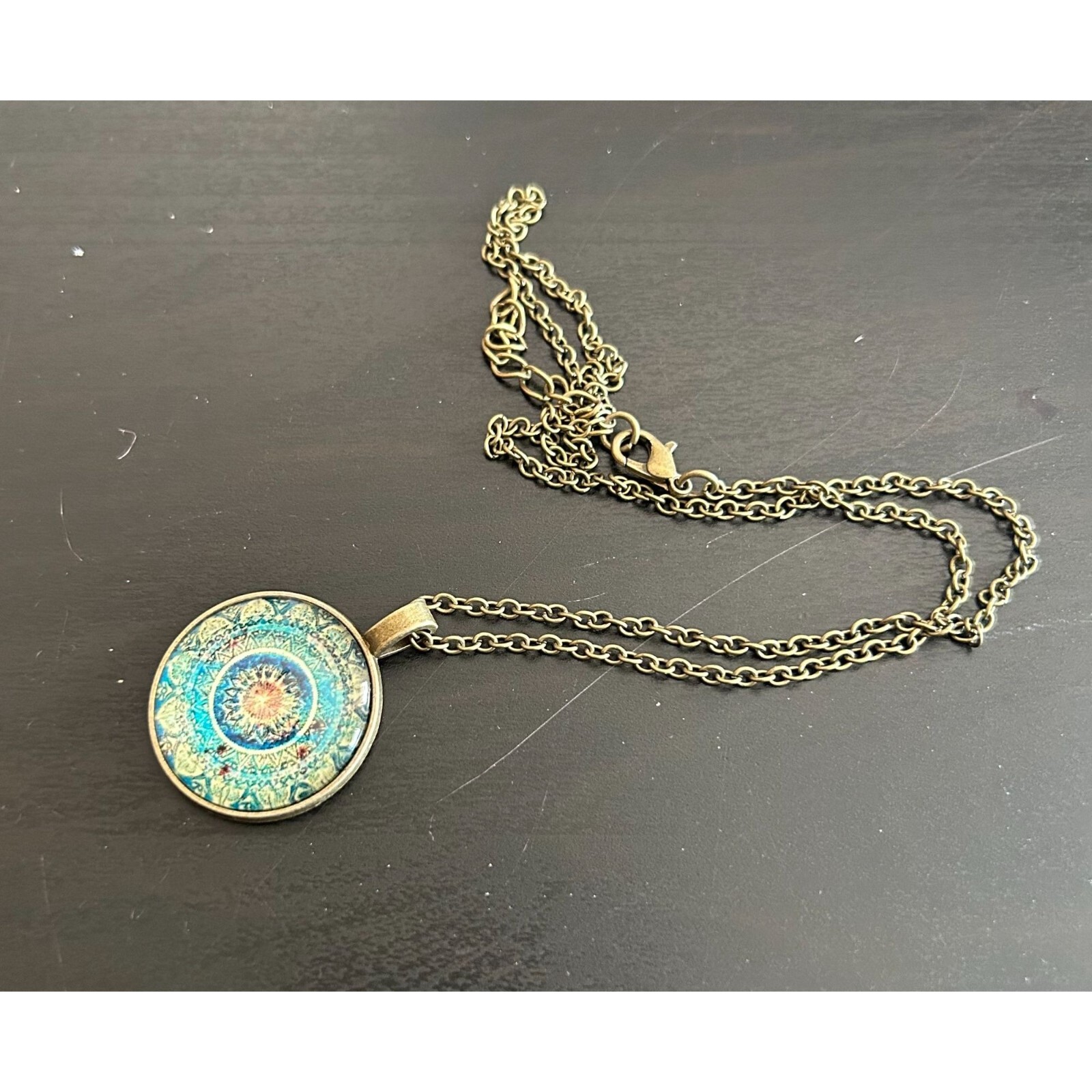 Kaleidoscope Pendant Chain Necklace Gold Tone Indian Mandala Om Hippy Buddhist