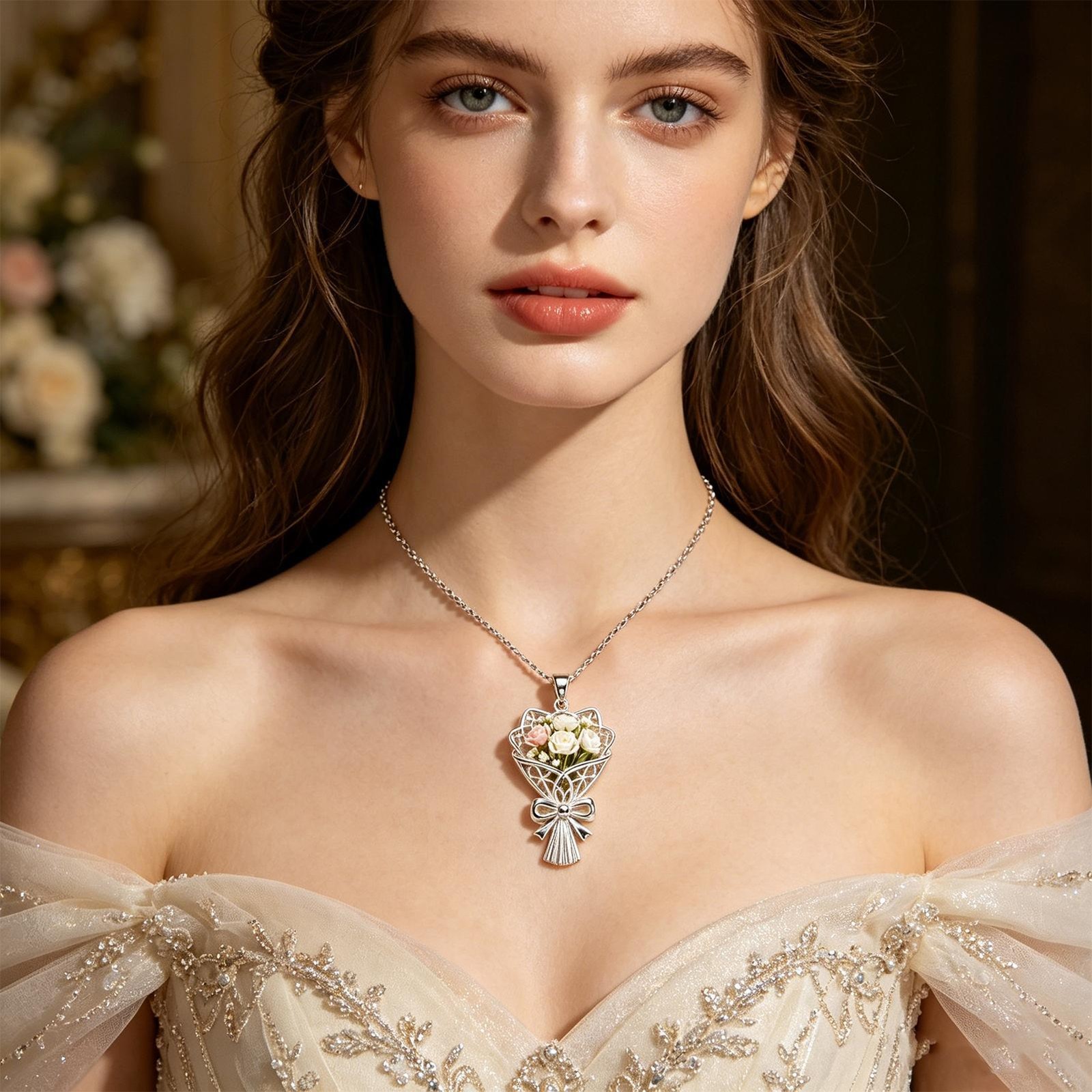Wearable Vase Necklace for Women Artful Flower Bouquet Pendant Chain