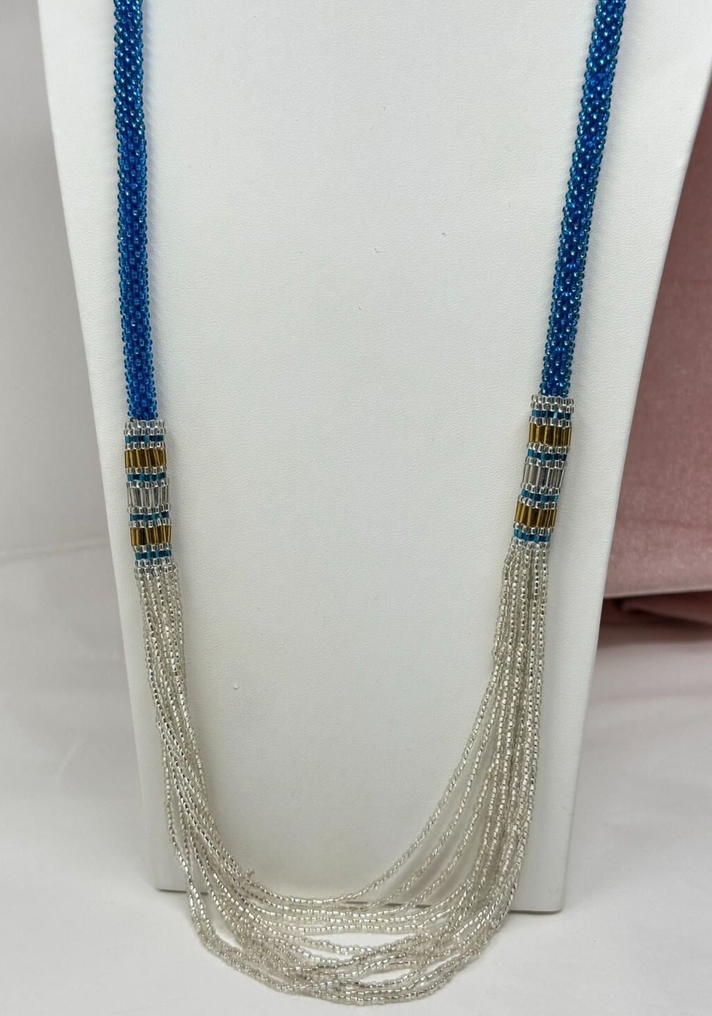 Made in Nepal Himalayan Gems Blue Silver Glass Seed Bead 32″ Necklace