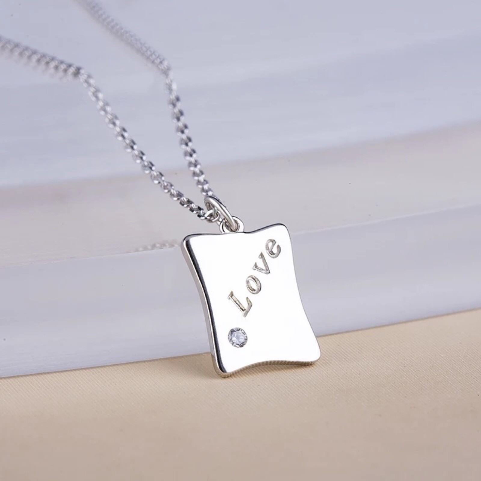 Love Tag Necklace 925 Sterling Silver White Gold Finish Minimalist Jewelry