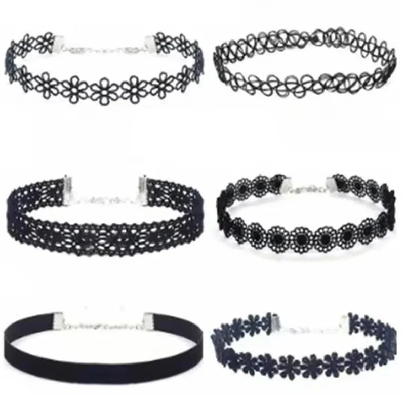 6pc Choker Necklace Set Black Velvet Classic Women Chain Collar Lace Stretchy