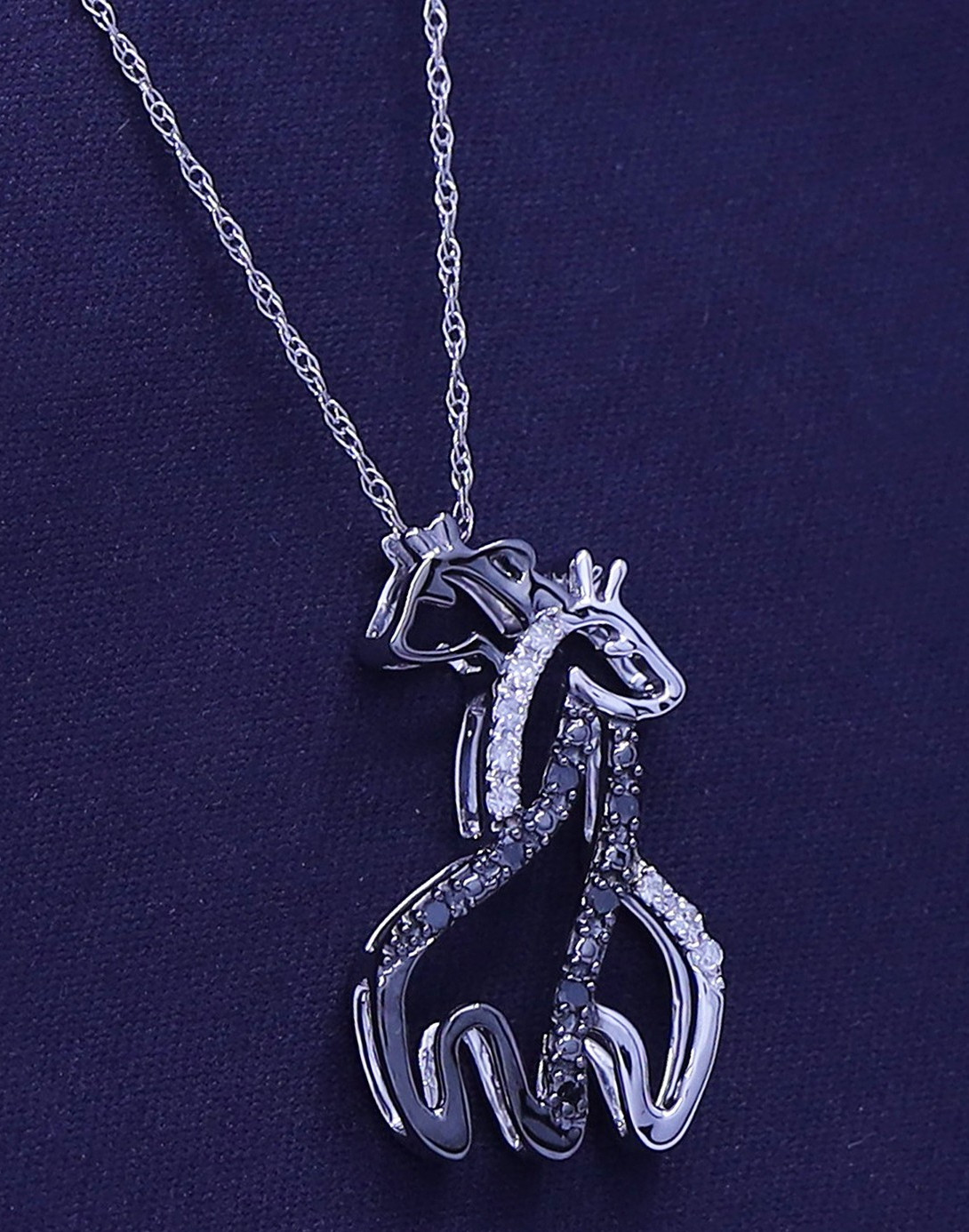 Giraffe Pendant Necklace Black & White Simulated Diamond 14K White Gold Plated