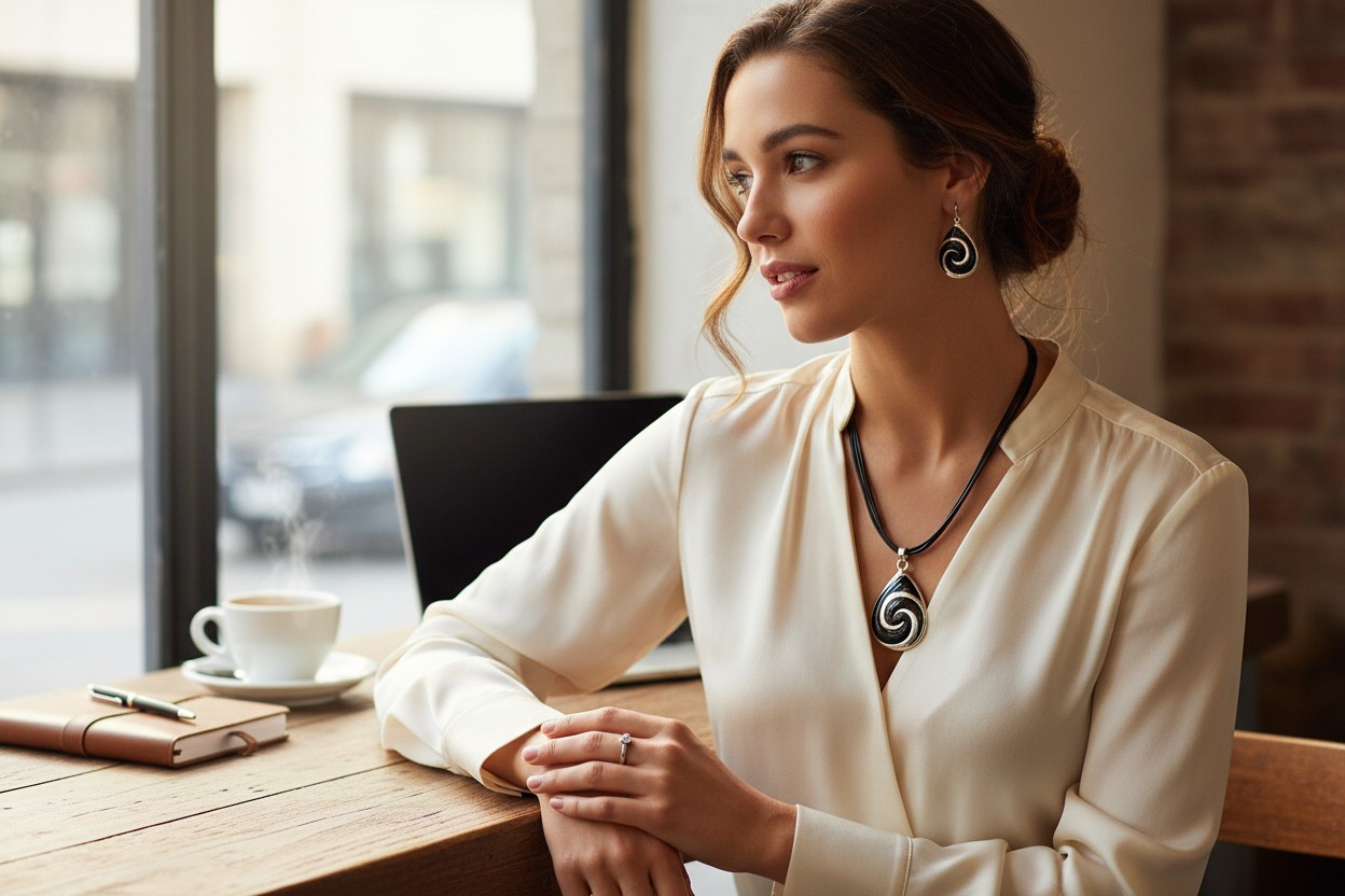 Black epoxy coating on silver tone drop pendant black cord necklace earring